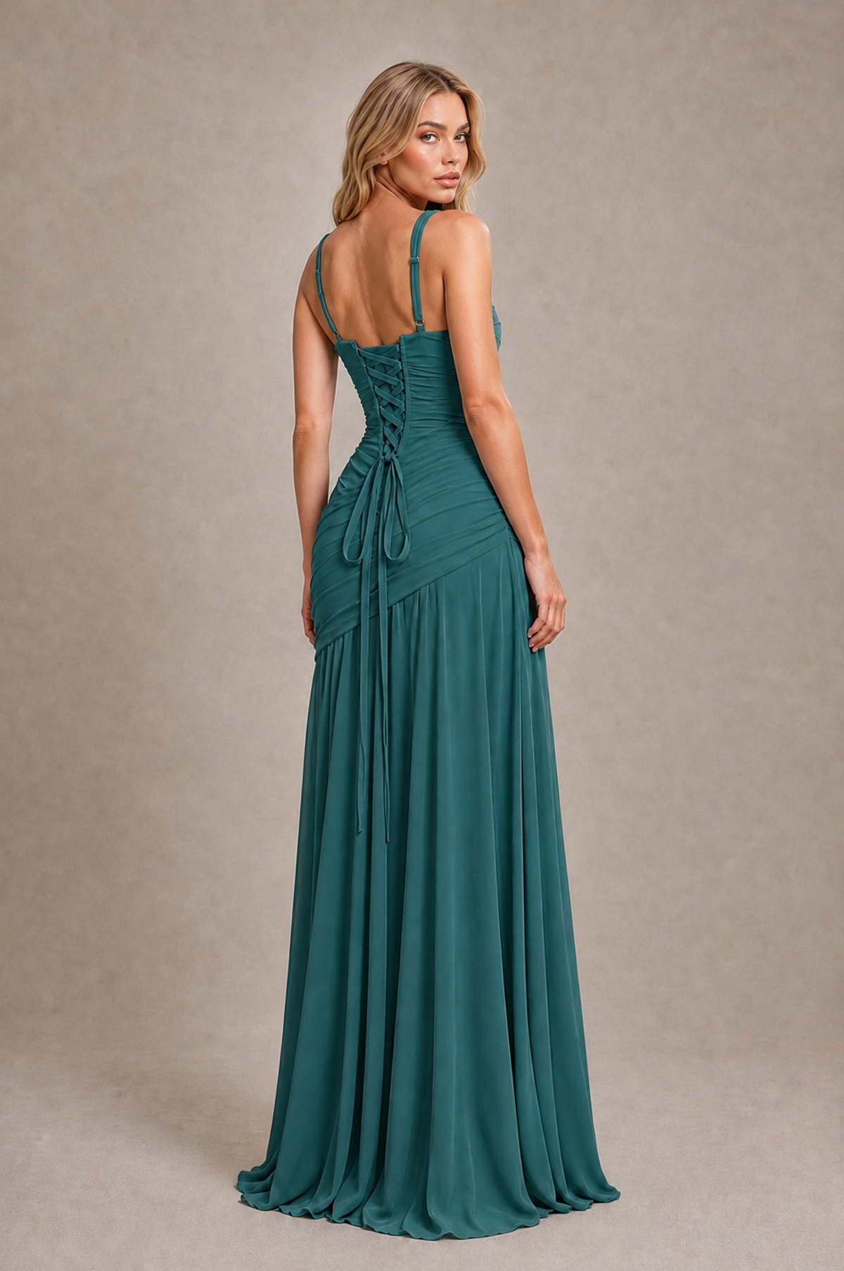 BOLODOO Teal Spaghetti Strap Ruched Maxi Dress – Formal Evening Gown with Slit - Teal - Teal_2
