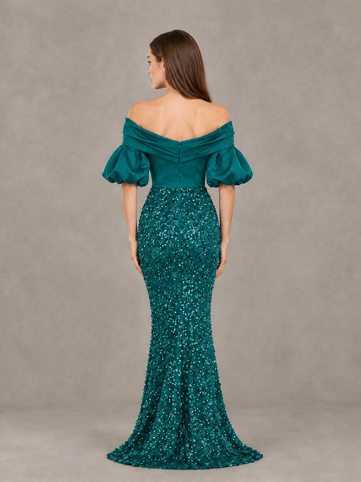 BOLODOO Teal Off-Shoulder Puff Sleeve Sequin Mermaid Evening Dress - Teal - Teal_2