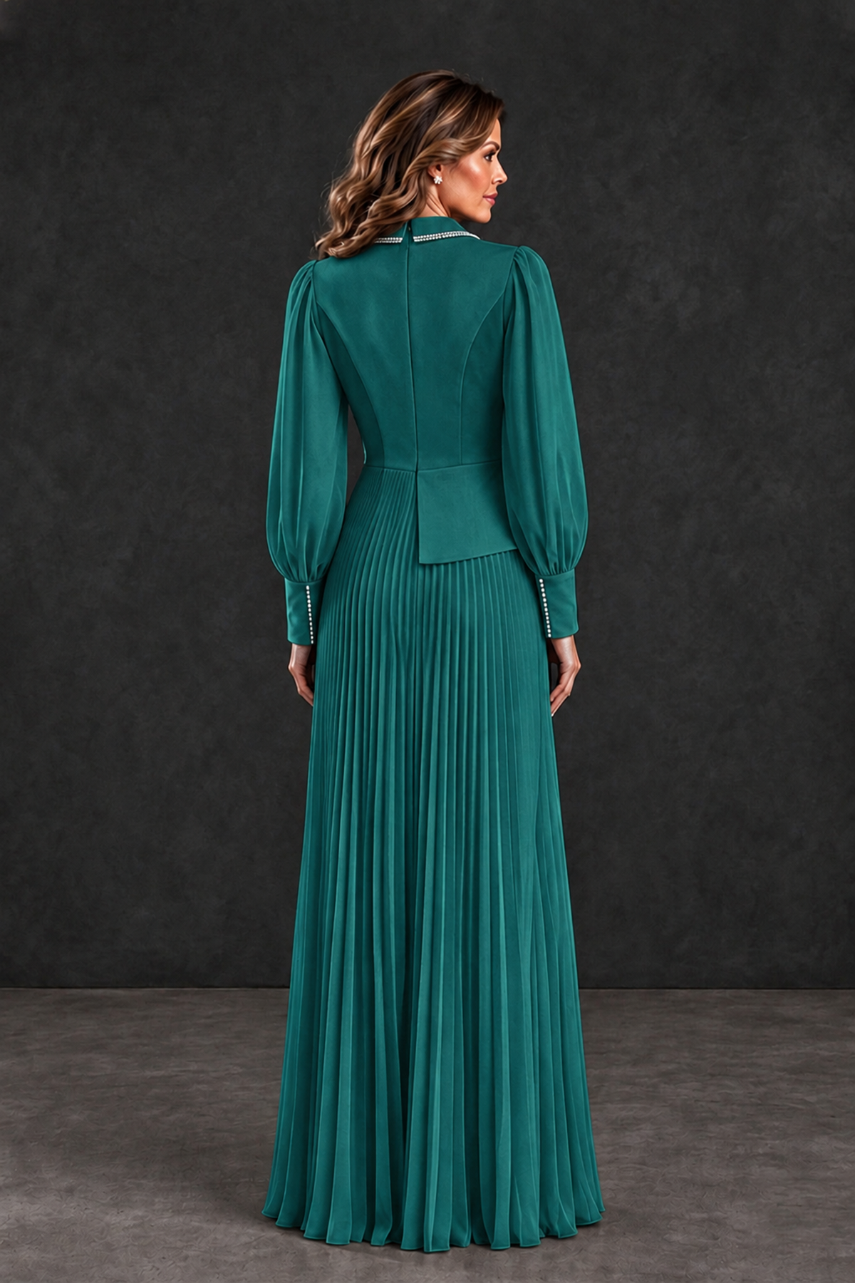 BOLODOO Teal Long Sleeve Pleated Mother of the Bride Dress - Teal - Teal_2
