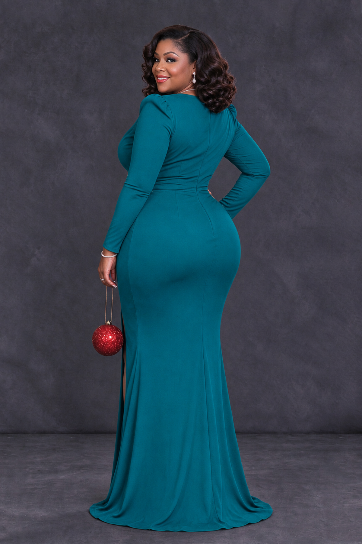 BOLODOO Teal Plus Size Long Sleeve V-Neck Mother of the Bride Dress with Slit - Teal - Teal_2