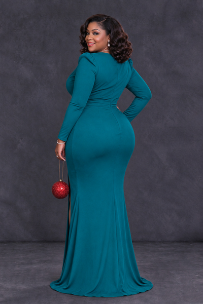 BOLODOO Teal Plus Size Long Sleeve V-Neck Mother of the Bride Dress with Slit - Teal - Teal_2
