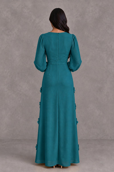 BOLODOO Teal Long Sleeve Floral Applique A-Line Evening Dress - Teal - Teal_2