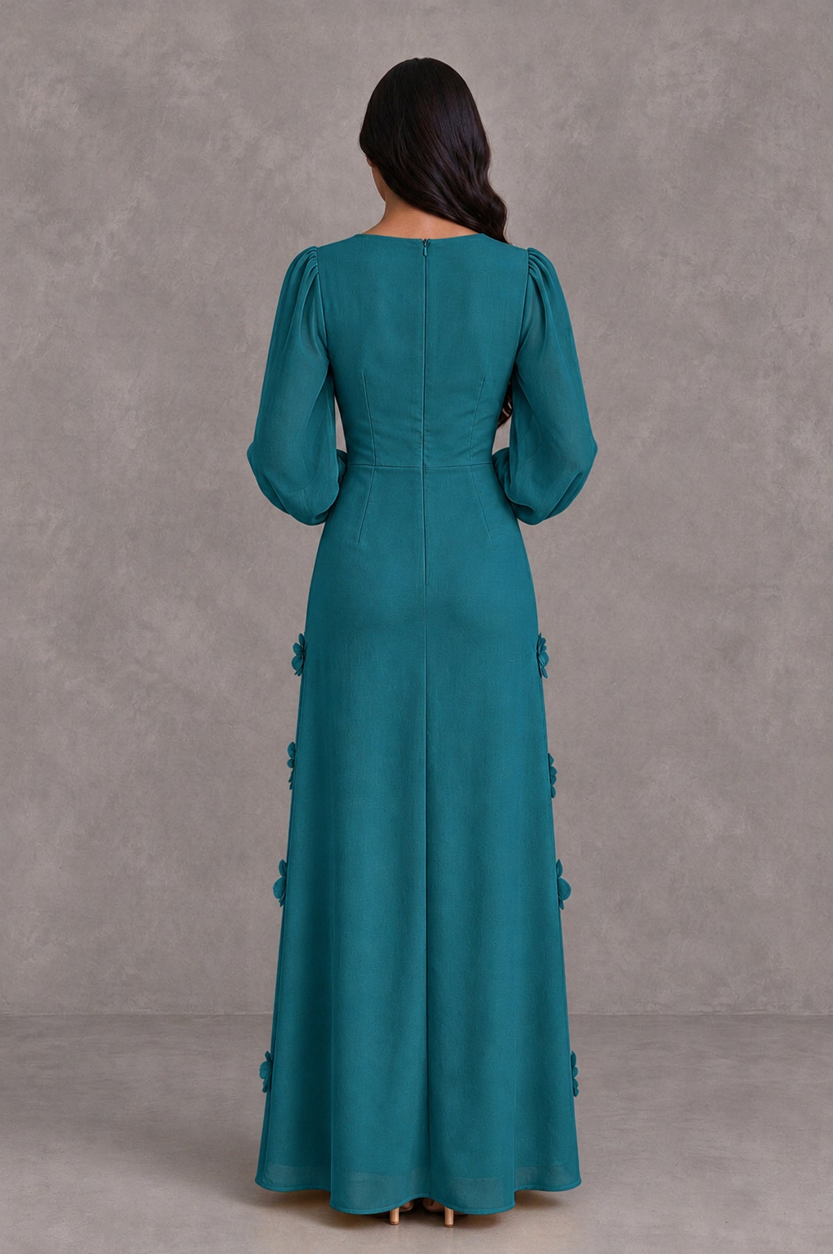 BOLODOO Teal Long Sleeve Floral Applique A-Line Evening Dress - Teal - Teal_2