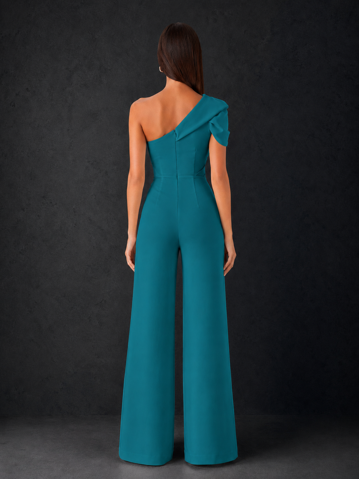 BOLODOO Teal One-Shoulder Puff Sleeve Wide-Leg Jumpsuit with Front Slit and Open Back - Teal