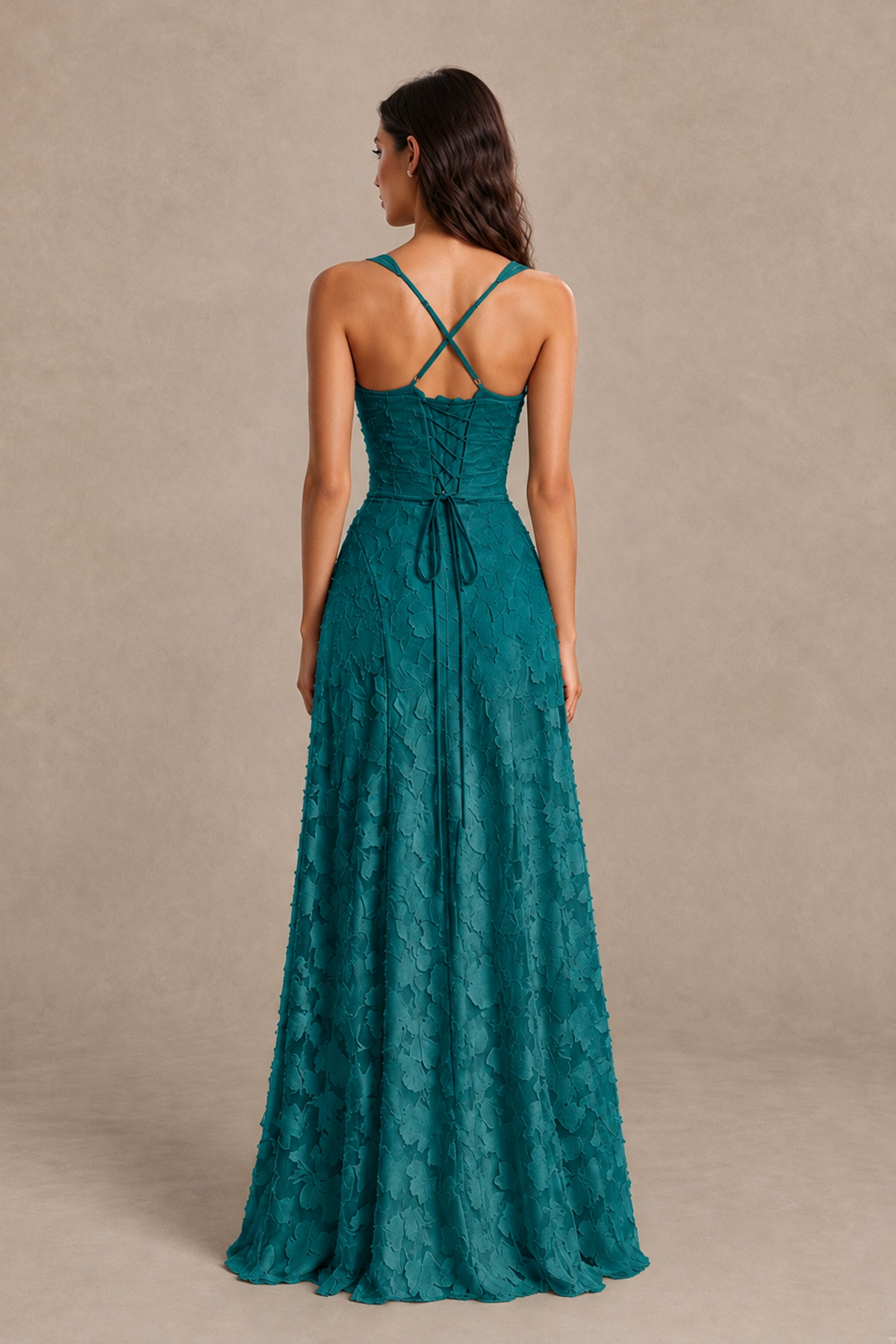 BOLODOO Teal Floral-Textured A-Line Dress with Lace-Up Back - Teal - Teal_2