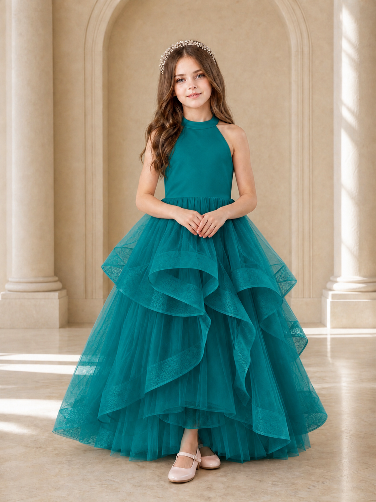 BOLODOO Teal Halter Tiered Tulle Flower Girl Dress with Bow Back - Teal - Teal_2