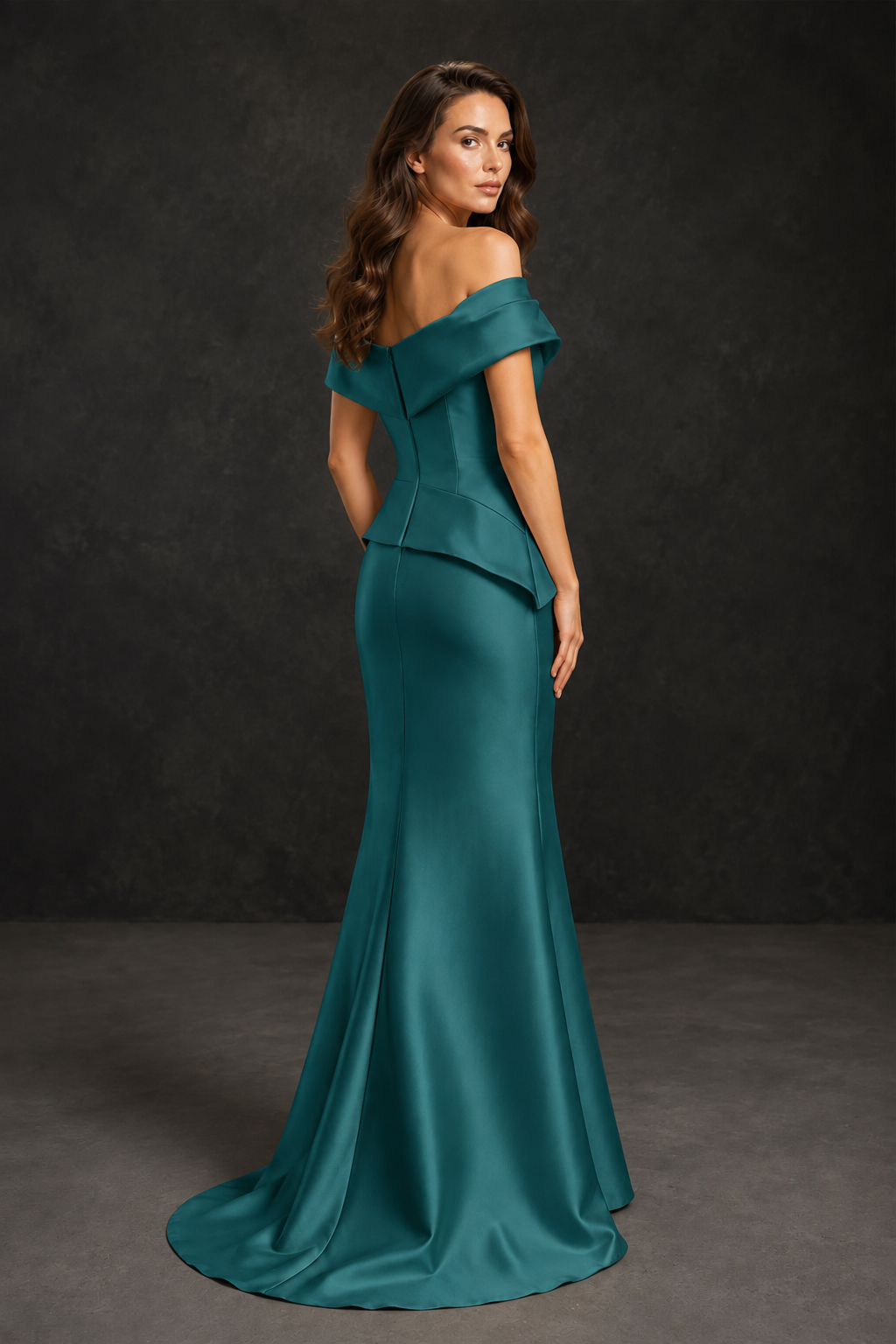 BOLODOO Teal Satin Off-Shoulder Sweetheart Asymmetric Peplum Mermaid Gown with Teal Floral Embroidery | MOB Evening Dress - Teal