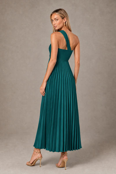BOLODOO Teal One-Shoulder Twist Knot Pleated Satin Midi Dress with Cutout - Teal - Teal_2