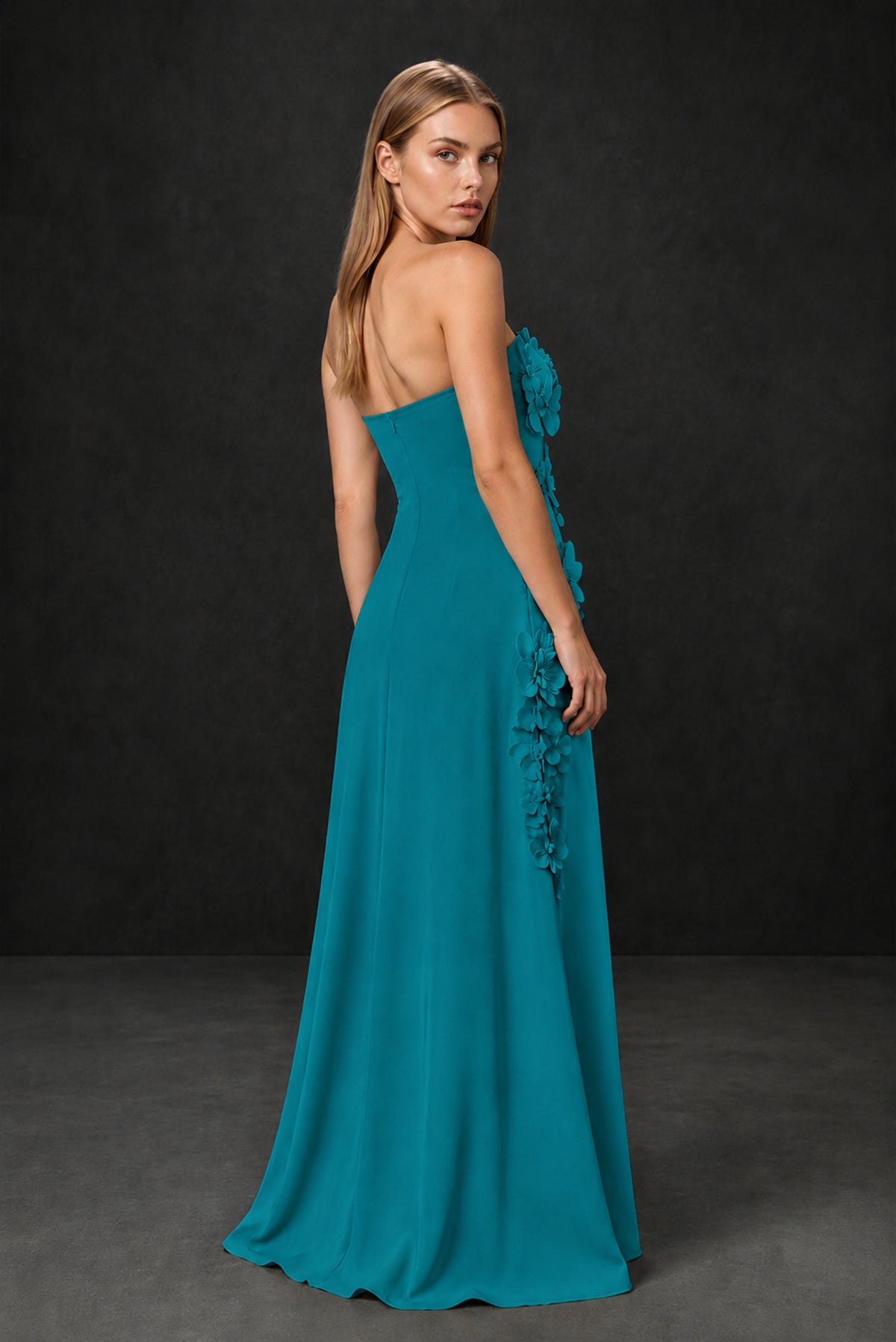 BOLODOO Teal Strapless 3D Floral Appliqué Crepe Maxi Gown - Teal