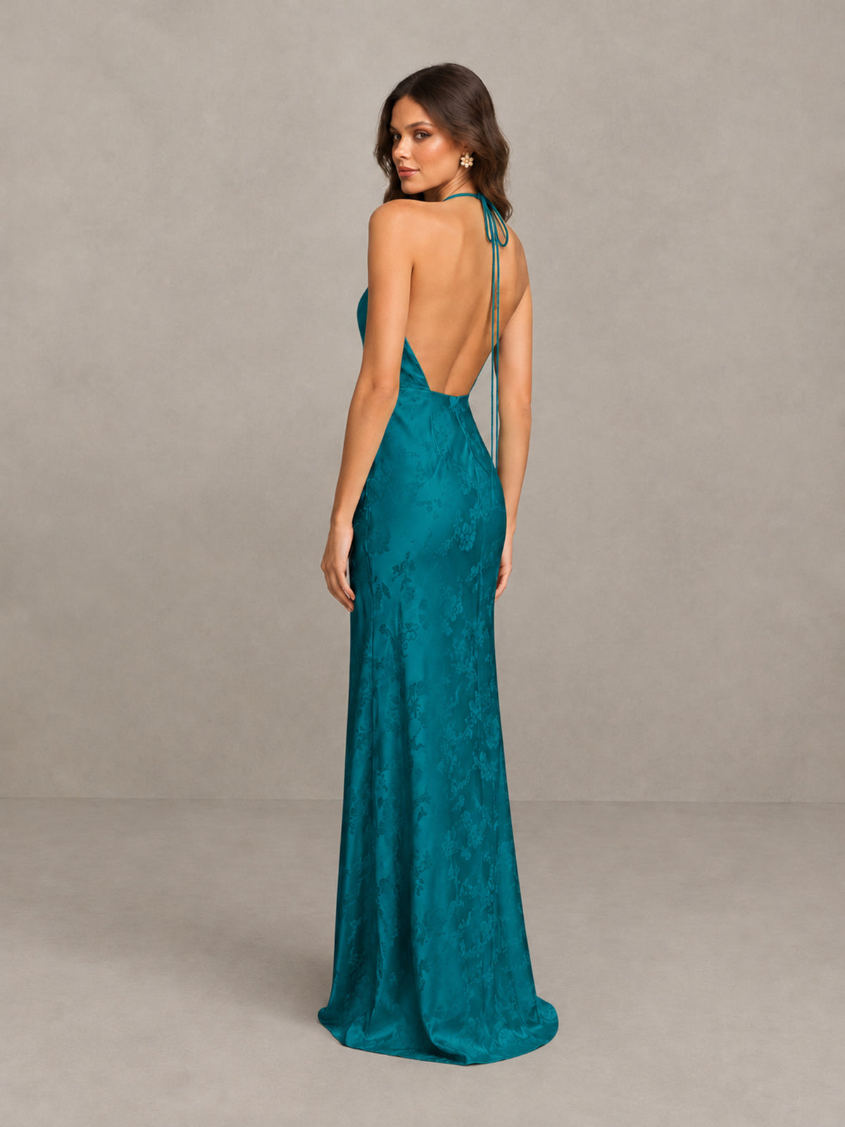 BOLODOO Teal Floral Satin Open-Back Bridesmaid Dress - Teal - Teal_2
