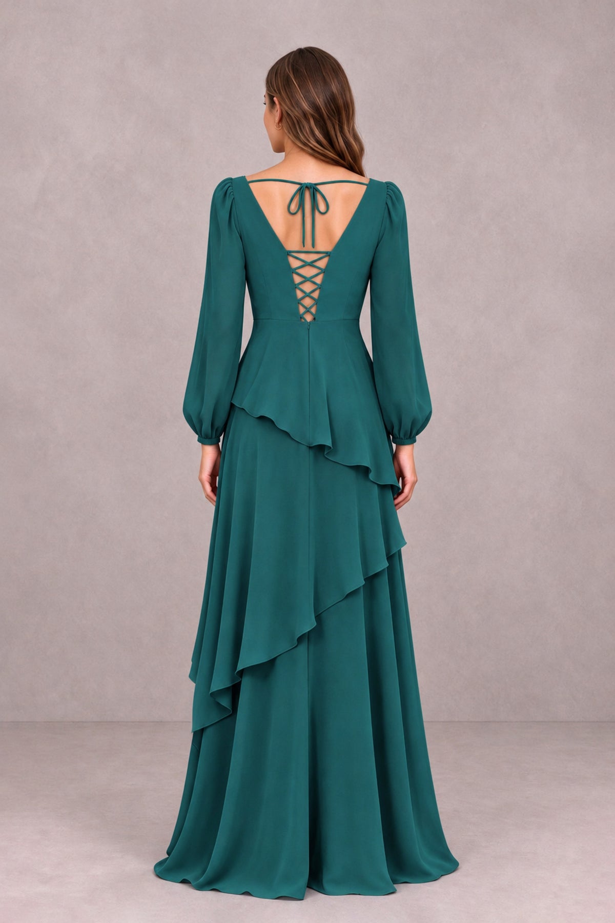 BOLODOO Teal Long Sleeve Ruffle Bridesmaid Dresses - Teal - Teal_2