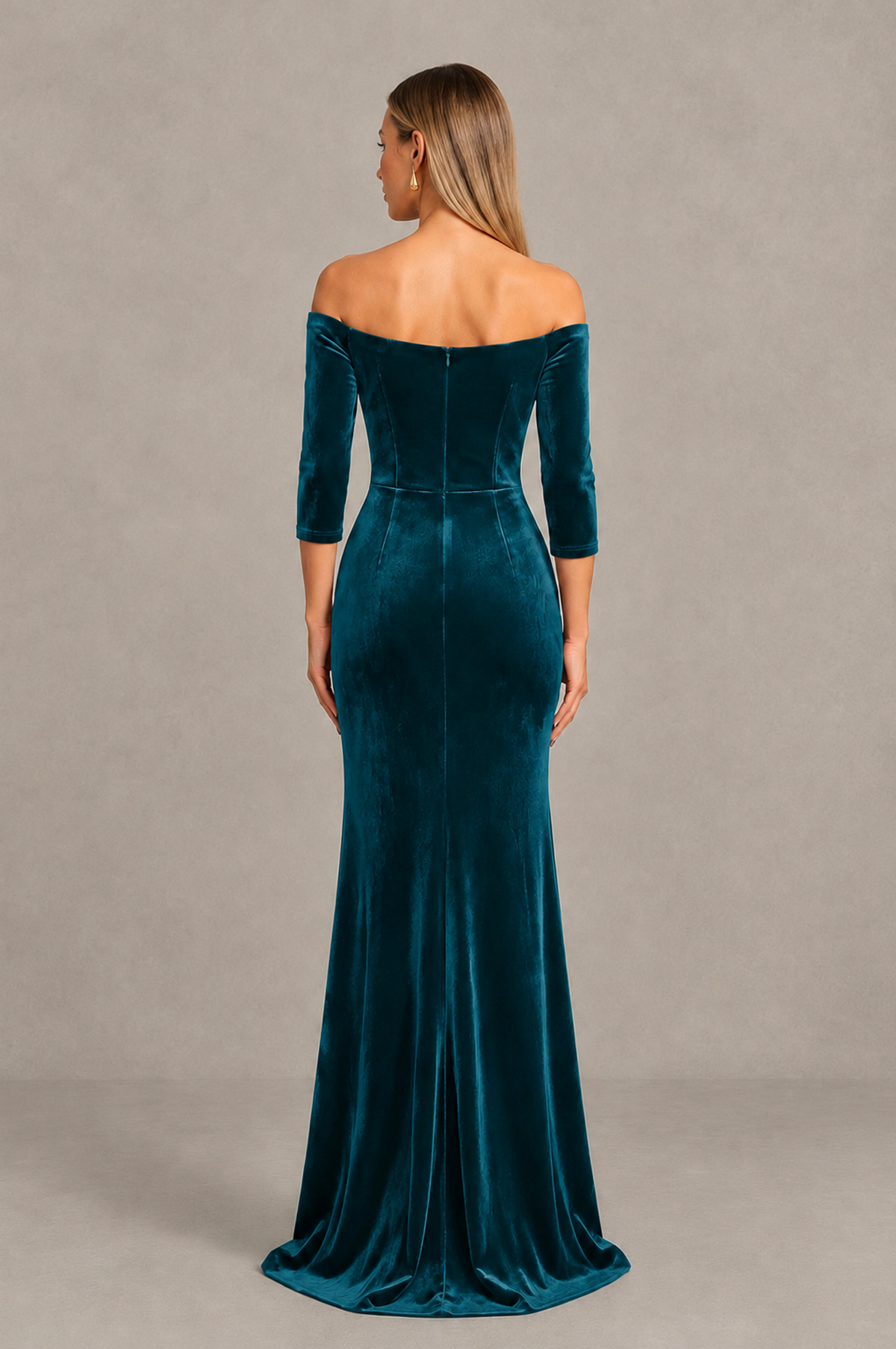 BOLODOO Teal Off-Shoulder Velvet Evening Dress with High Slit - Teal - Teal_2