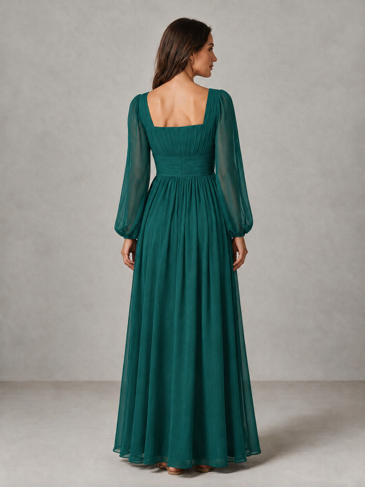 BOLODOO Teal Square Neck Long Sleeve Chiffon Bridesmaid Dress - Teal - Teal_2