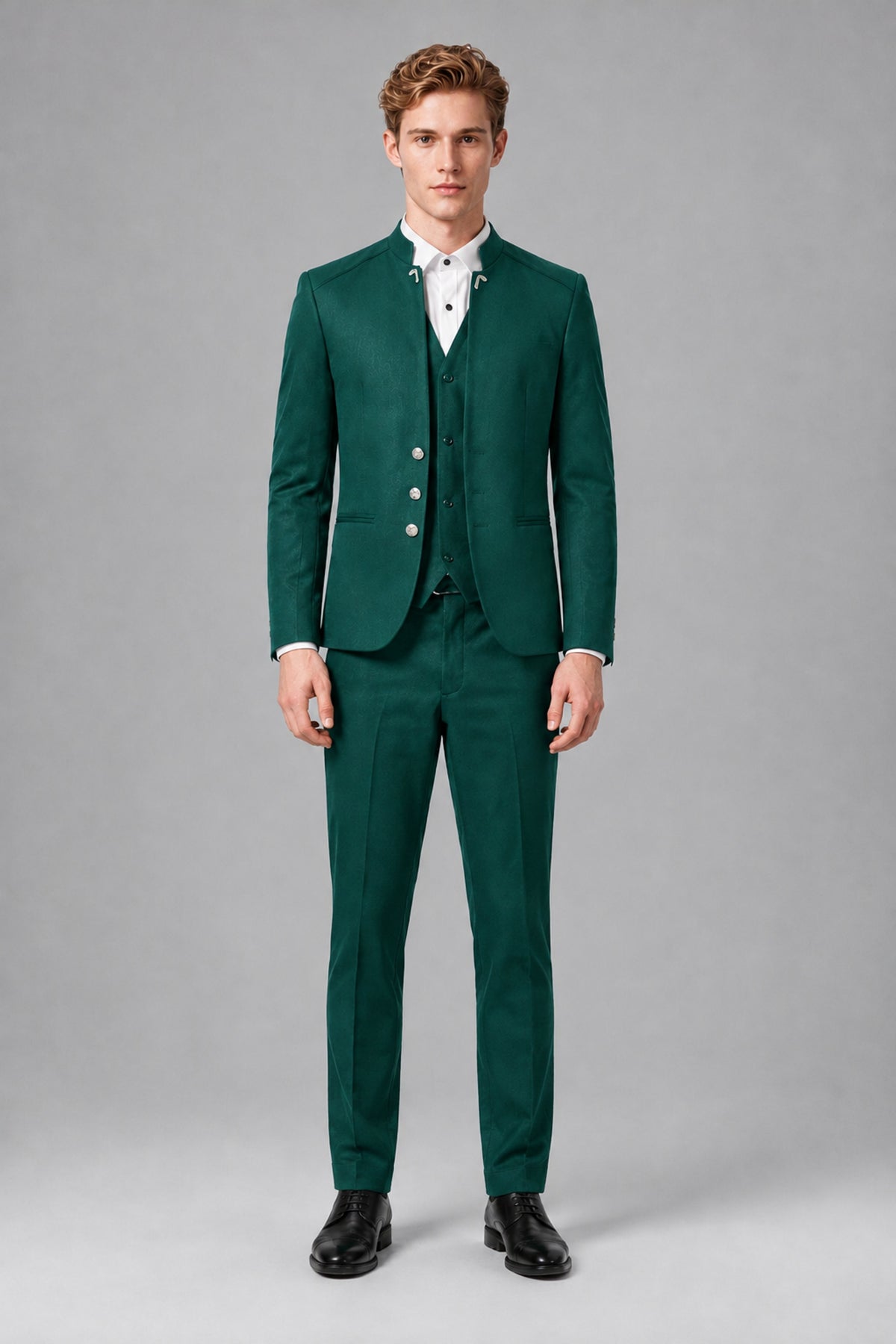 Bolodoo Men's Teal Mandarin Collar 3-Piece Suit – Jacket, Vest & Trousers - Teal - Teal_2