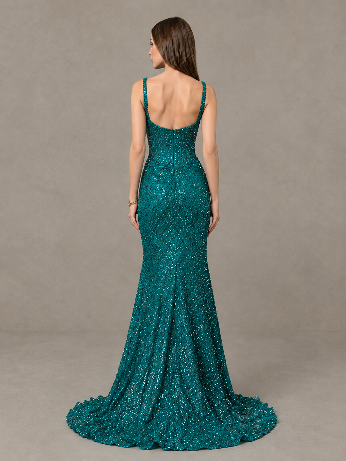 BOLODOO Teal Sequin Corset Evening Gown with High Slit - Teal - Teal_2