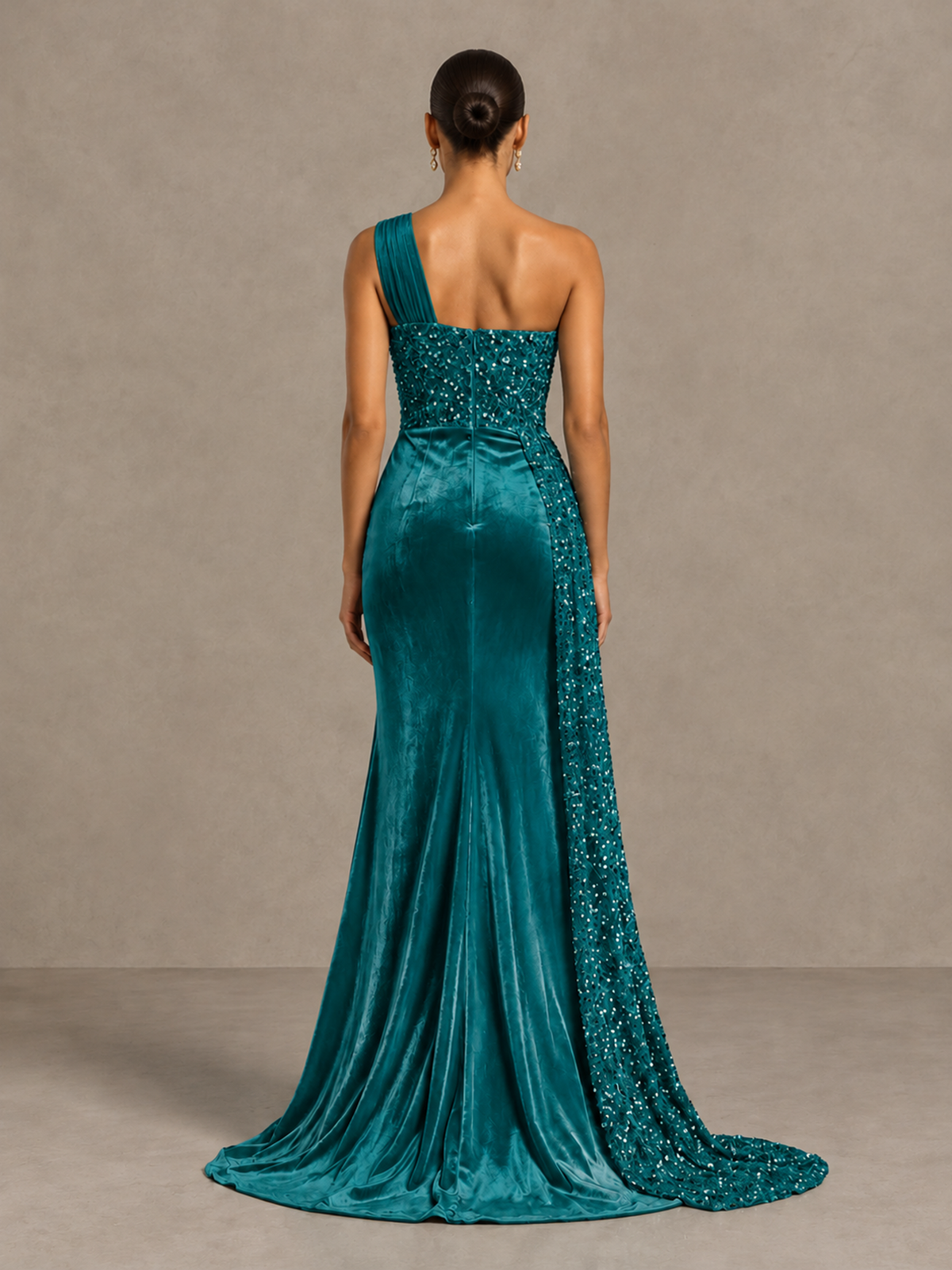 BOLODOO Teal One-Shoulder Satin Sequin Gown with High Slit - Teal - Teal_2