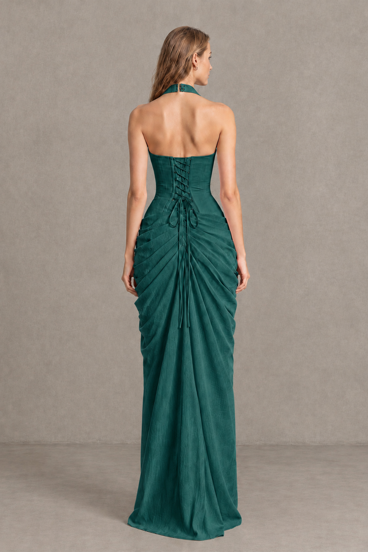 BOLODOO Teal Halter Neck Ruched Maxi Dress with High Slit - Teal - Teal_2
