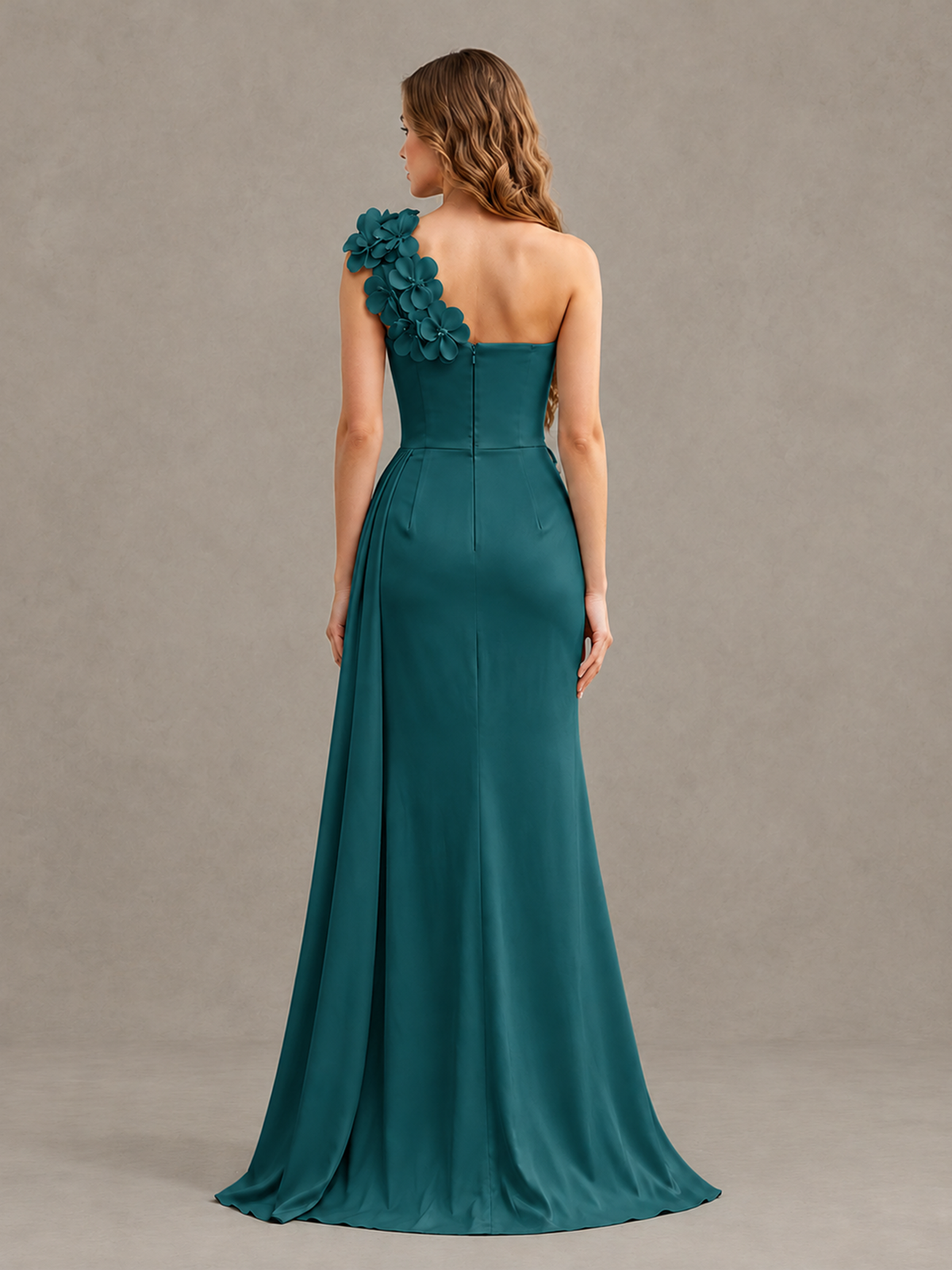 BOLODOO Teal One-Shoulder Satin Mermaid Evening Gown with 3D Floral Appliqué - Teal - Teal_2