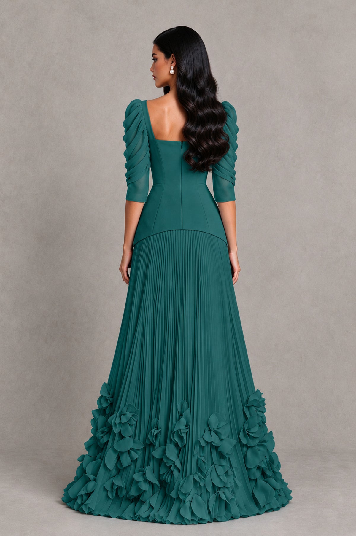 BOLODOO Teal Square Neck Pleated Floral Applique Evening Dress - Teal - Teal_2
