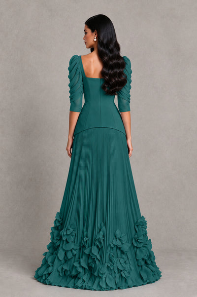 BOLODOO Teal Square Neck Pleated Floral Applique Evening Dress - Teal - Teal_2