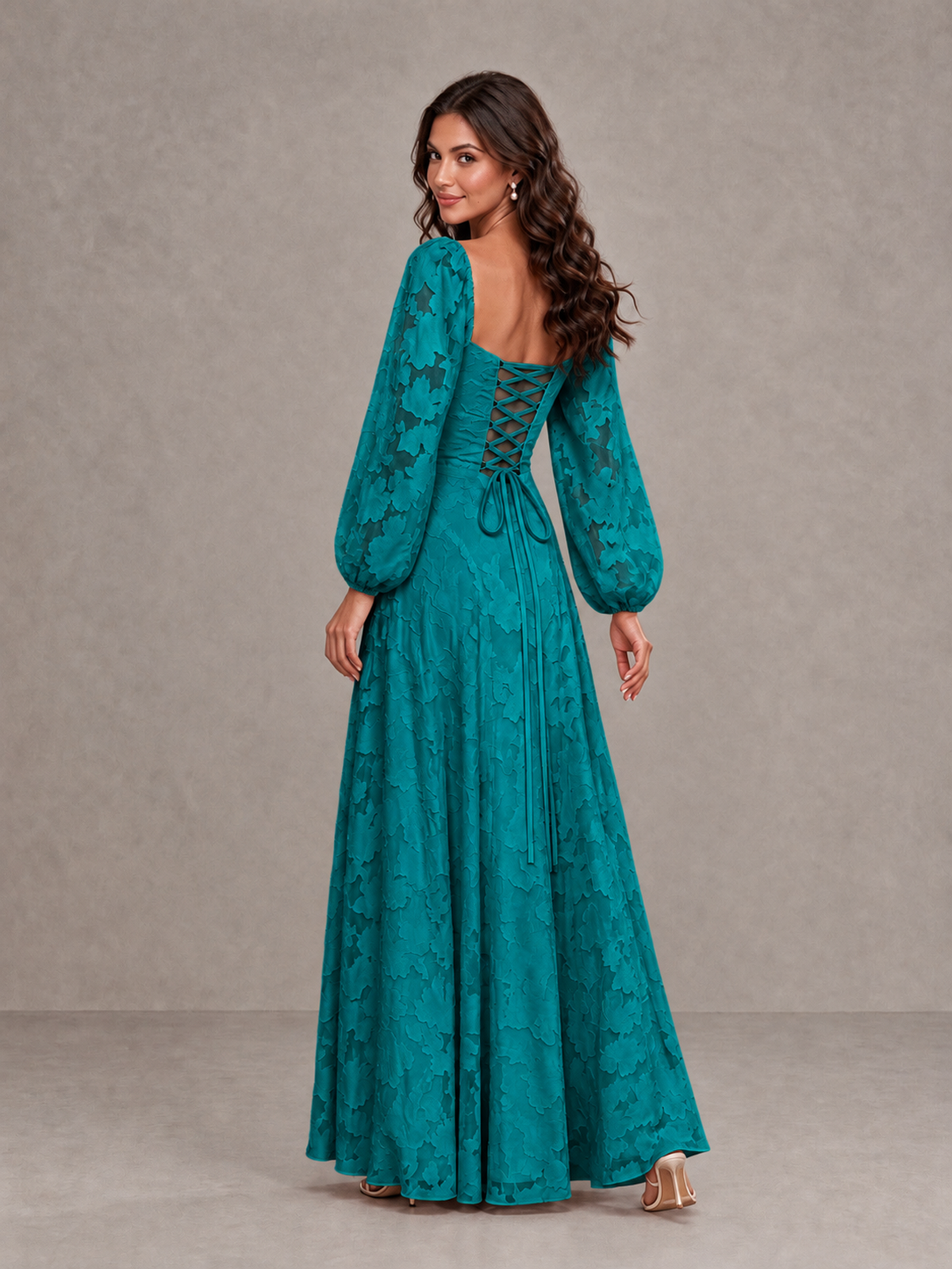 BOLODOO Teal Floral Long Sleeve A-Line Bridesmaid Dress - Teal - Teal_2