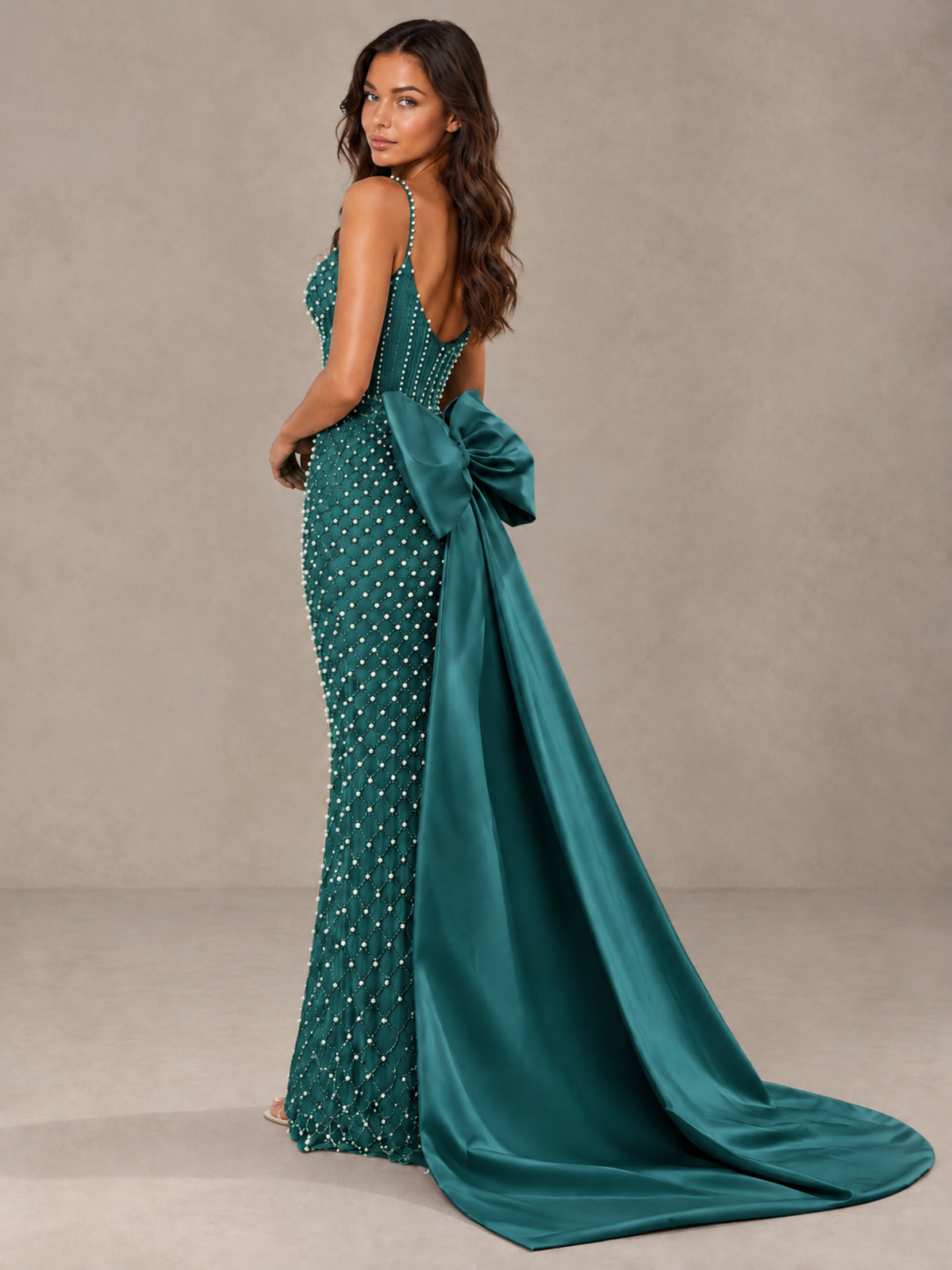 BOLODOO Teal Beaded Corset Prom Dress with Bow Train - Teal - Teal_2