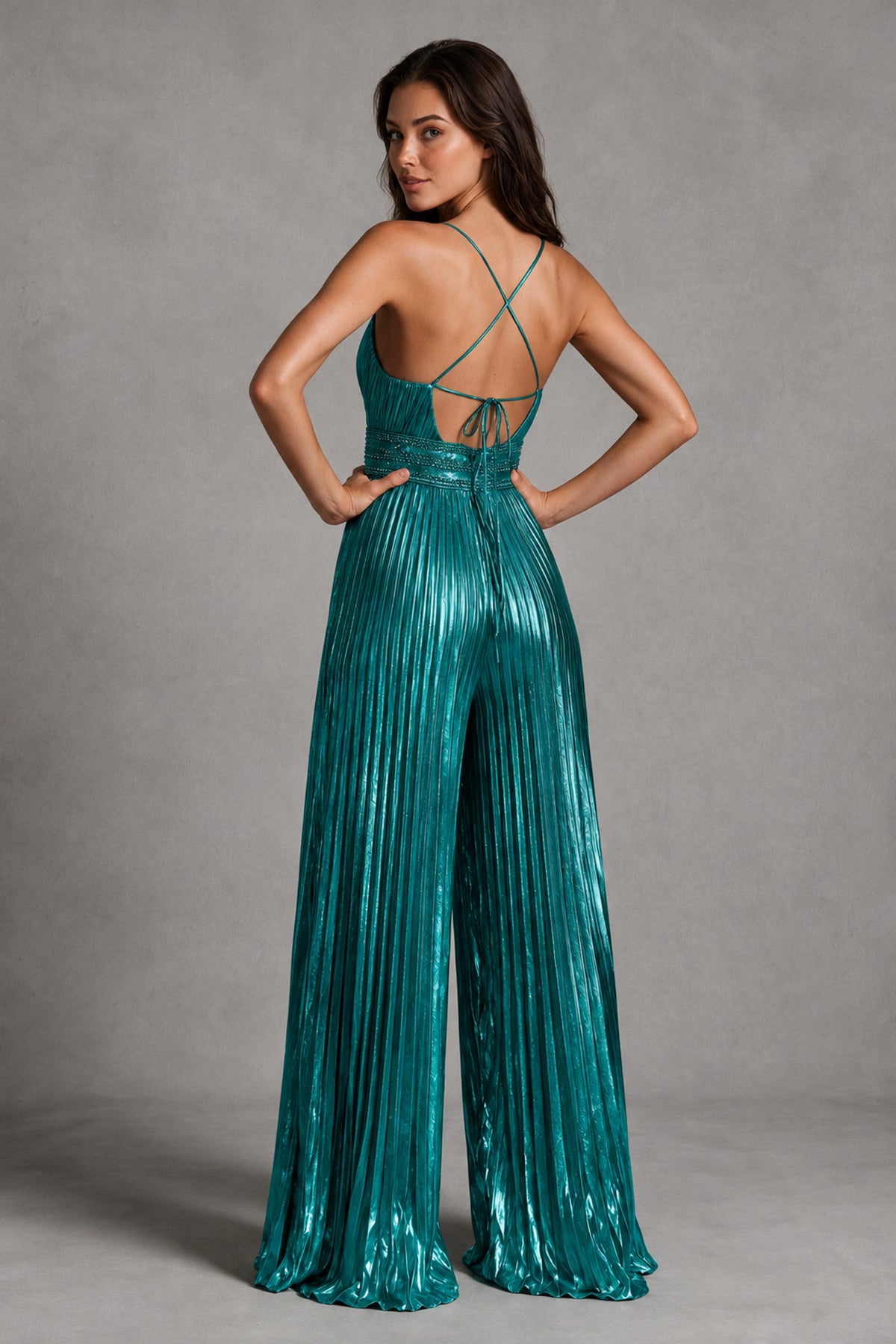 BOLODOO Teal Pleated Wide-Leg Jumpsuit with Open Back - Teal