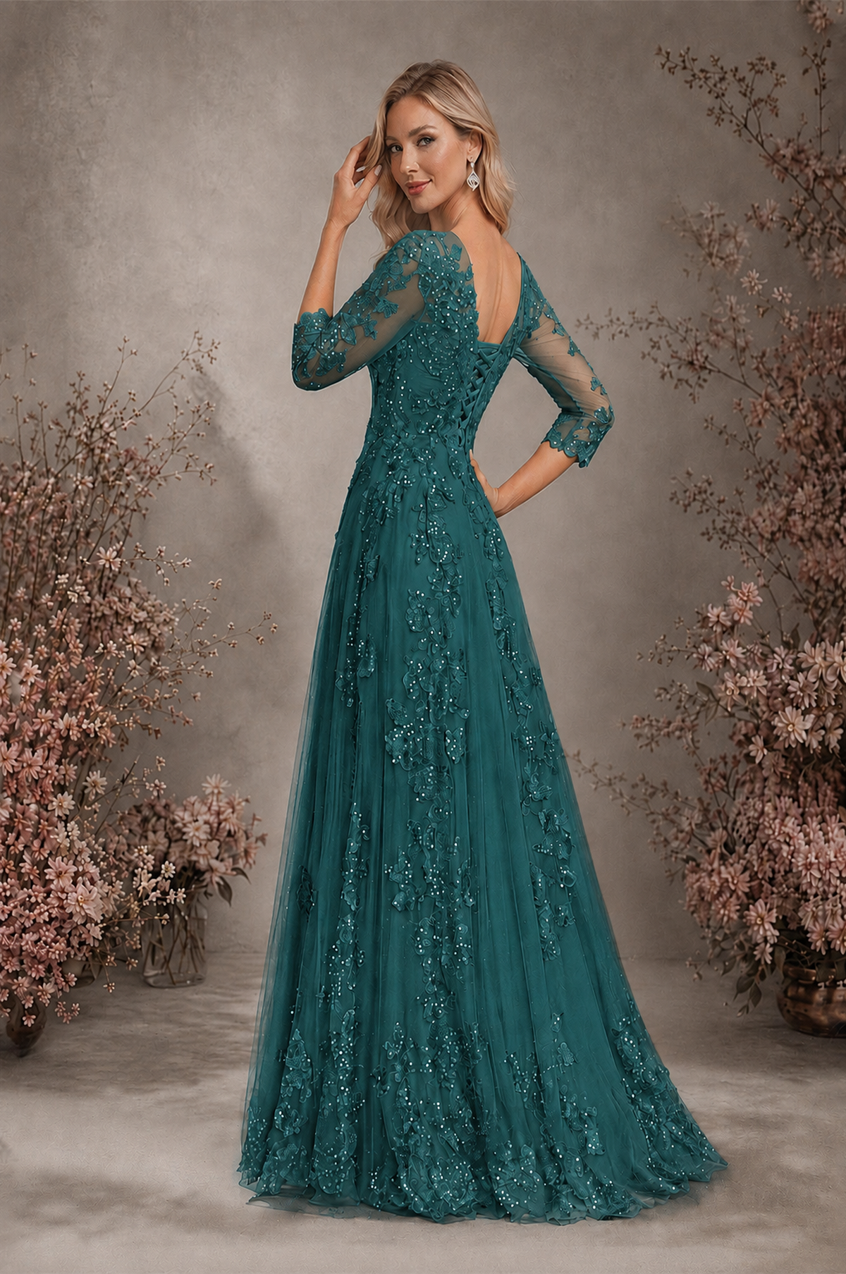 BOLODOO Teal Sequin Lace 3/4 Sleeve Open Back Formal Evening Gown - Teal