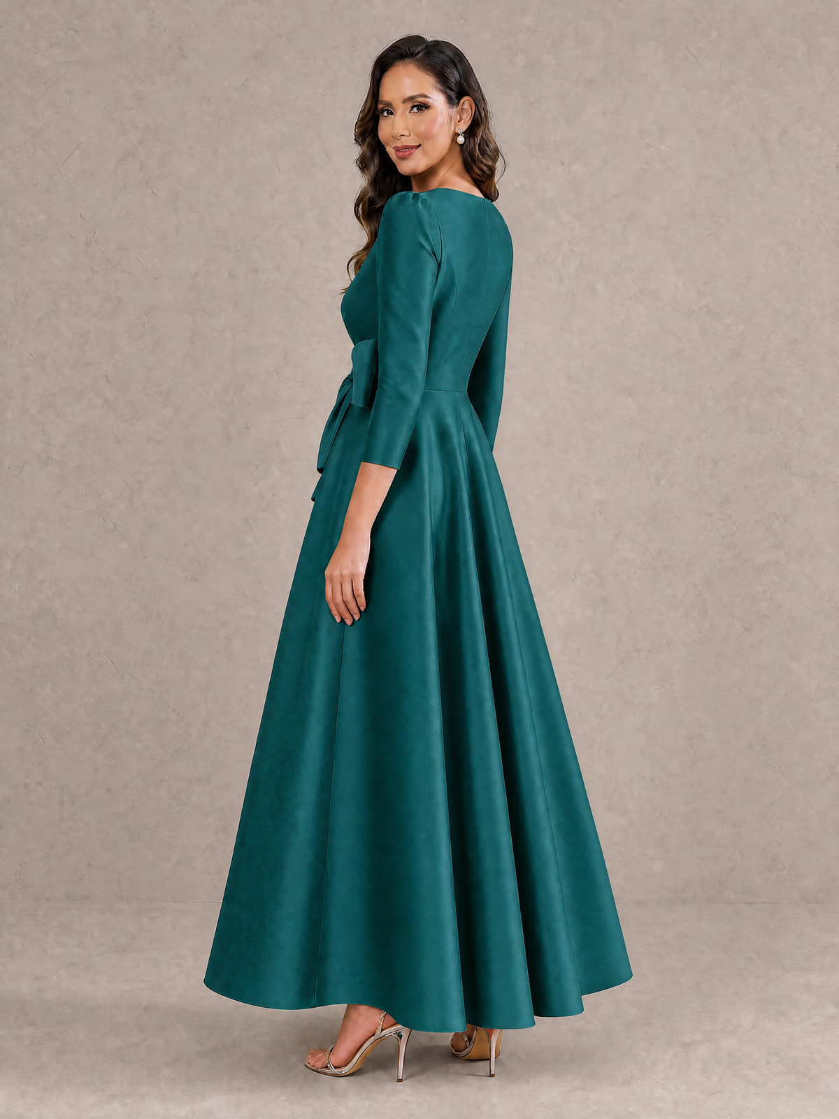 BOLODOO Teal Satin Deep V-Neck Wrap 3/4 Puff Sleeve A-Line Ball Gown Maxi Dress with Oversized Bow Belt - Teal