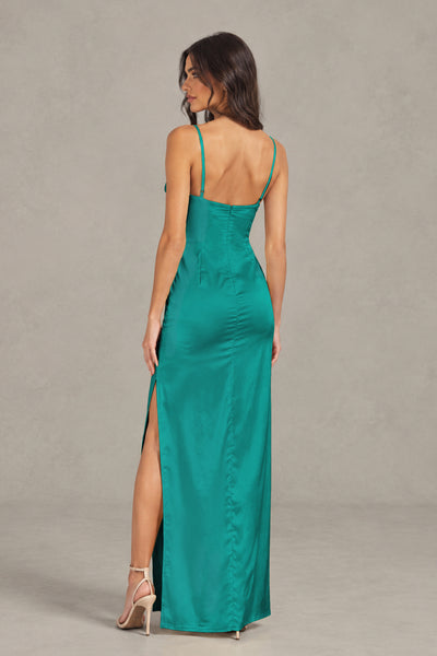BOLODOO Teal Satin Cowl Neck Open Back Mermaid Maxi Dress with Side Slit - Teal
