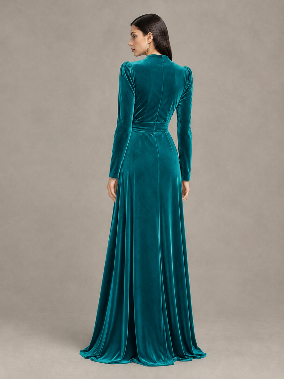 BOLODOO Teal Long Sleeve Velvet-Look Evening Dress with High Slit - Teal - Teal_2