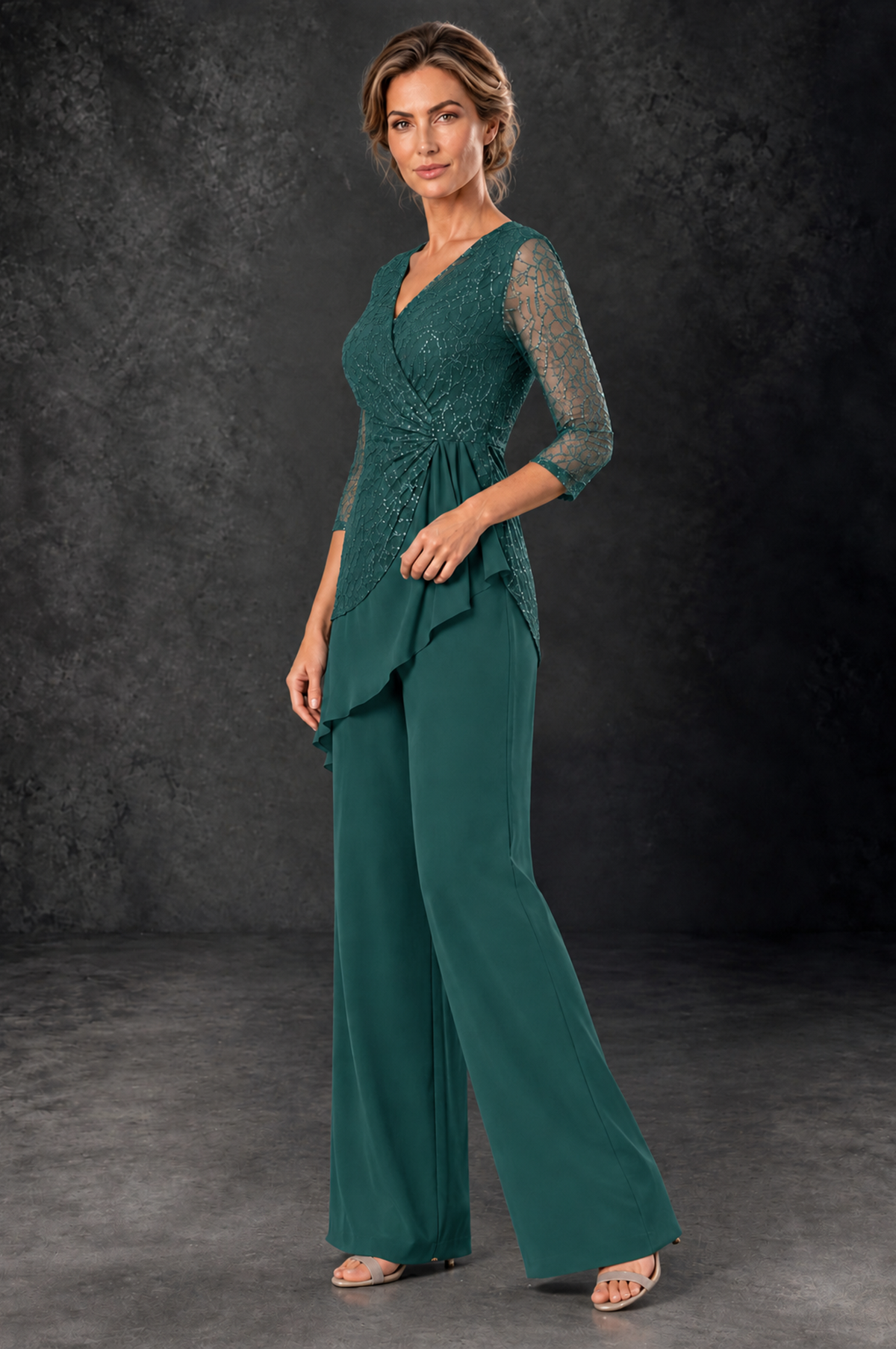 BOLODOO Teal Sequin Lace 3/4 Sleeve Chiffon Mother of the Bride Pant Suit - Teal - Teal_2