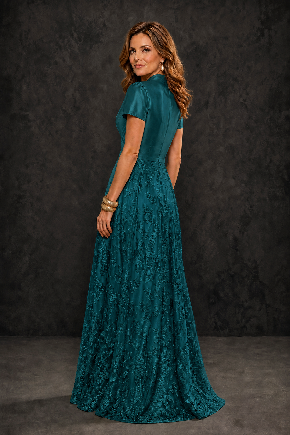 BOLODOO Teal Satin Wrap V-Neck Short Sleeve Lace Glitter A-Line Floor Length Evening Gown – Formal Dress - Teal