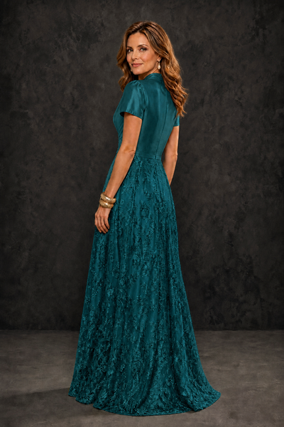 BOLODOO Teal Satin Wrap V-Neck Short Sleeve Lace Glitter A-Line Floor Length Evening Gown – Formal Dress - Teal