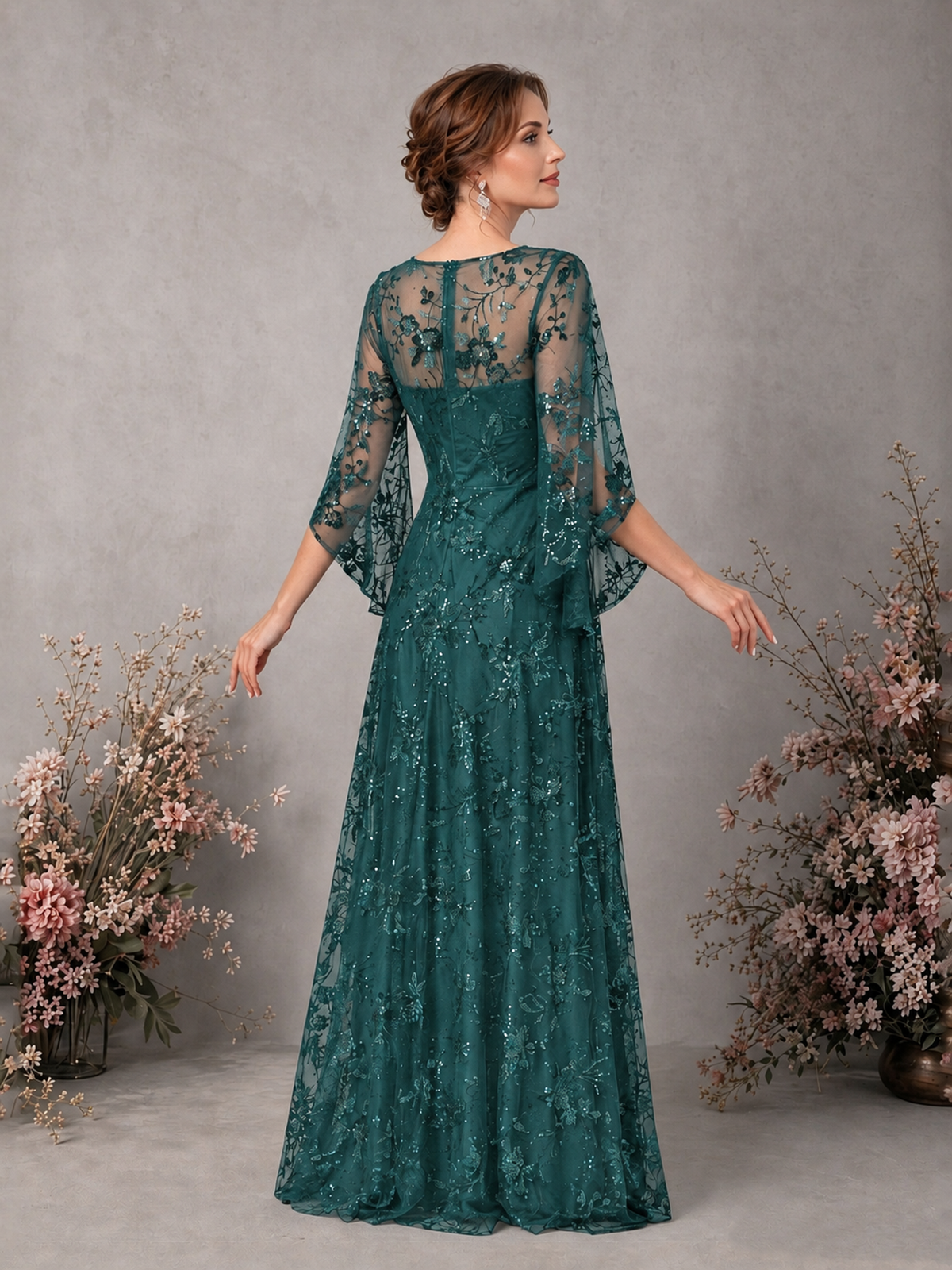 BOLODOO Teal Sequin Lace Cape Sleeve Formal Evening Gown - Teal - Teal_2