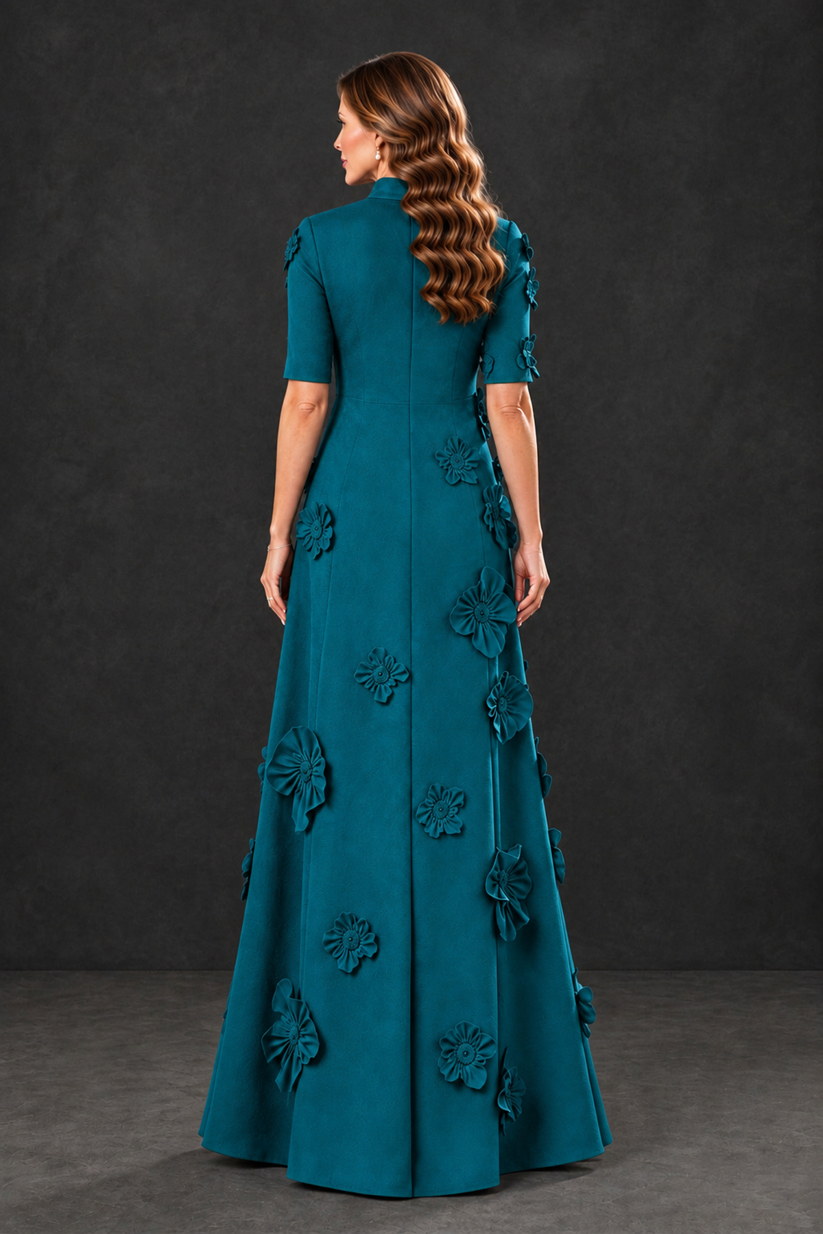 BOLODOO Teal Floral Applique High-Neck Half-Sleeve Gown - Teal - Teal_2