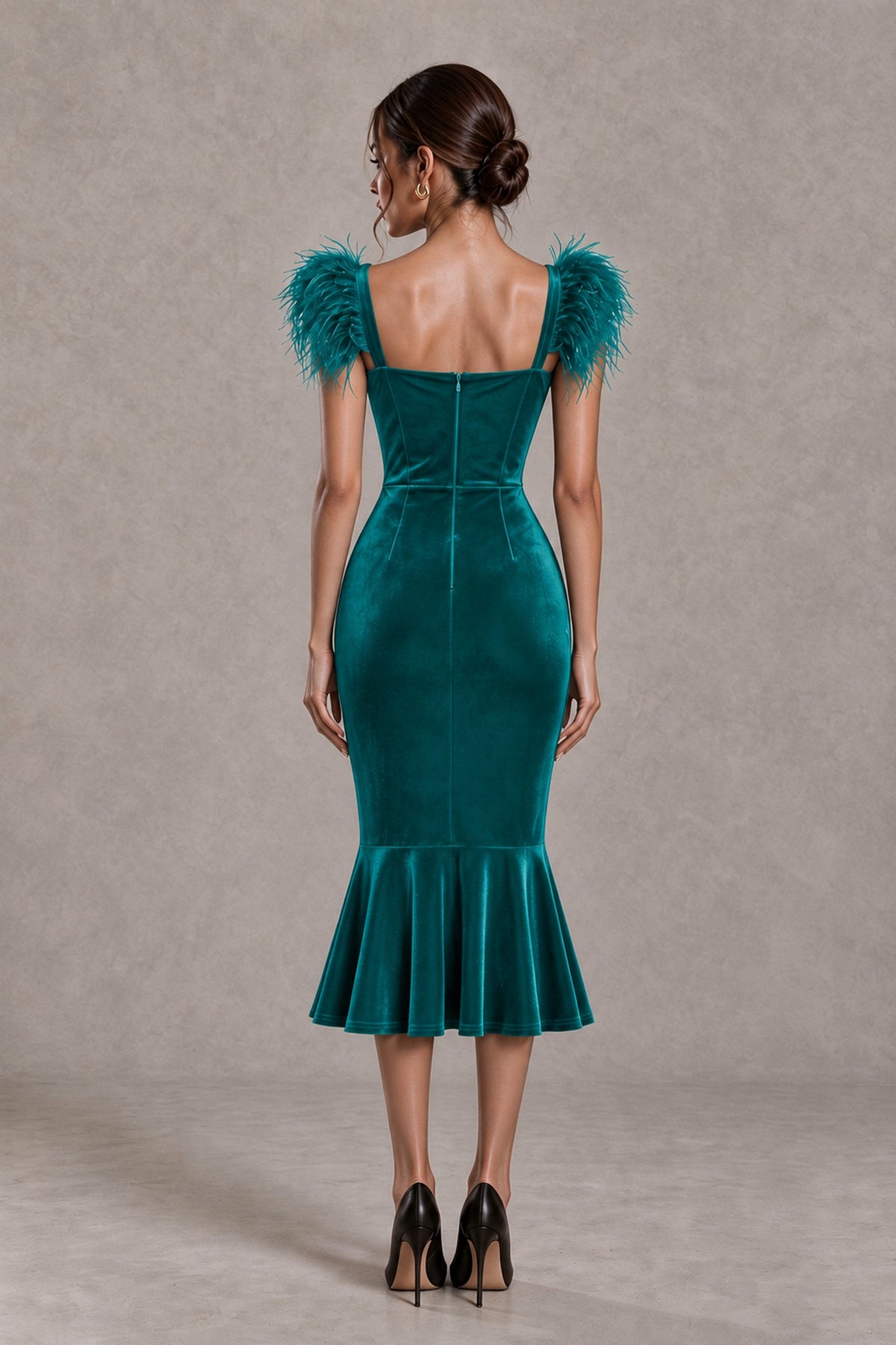 BOLODOO Teal Feather-Trim Velvet-Look Mermaid Midi Dress - Teal - Teal_2