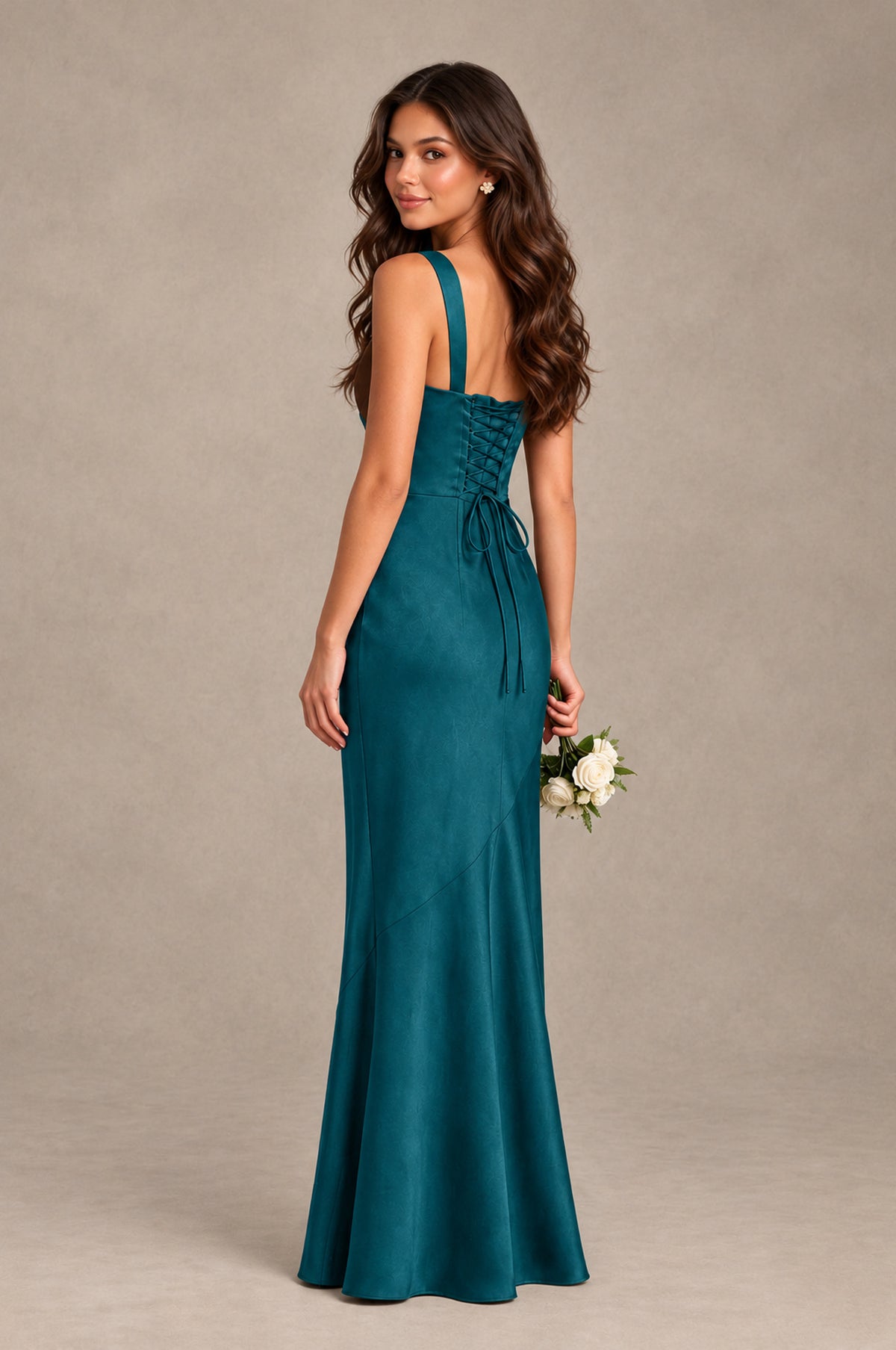 BOLODOO Teal Square Neck Ruched Satin Lace-Up Bridesmaid Dress - Teal - Teal_2