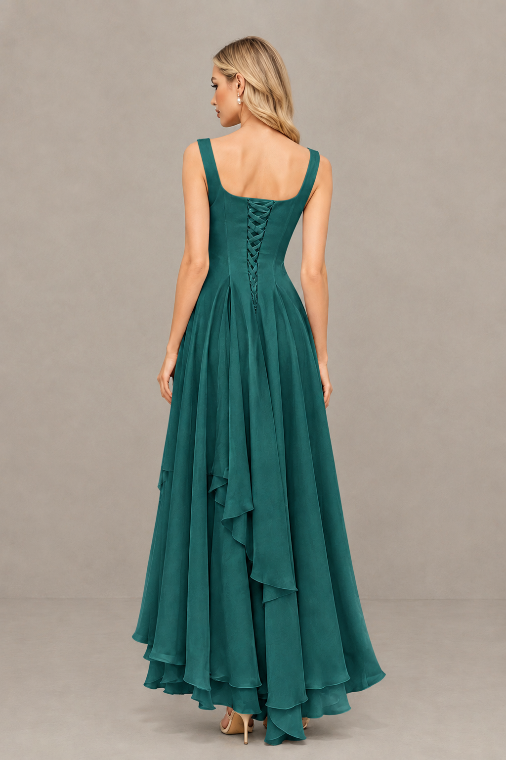 BOLODOO Teal Square Neck Chiffon Bridesmaid Dress with Lace-Up Back - Teal
