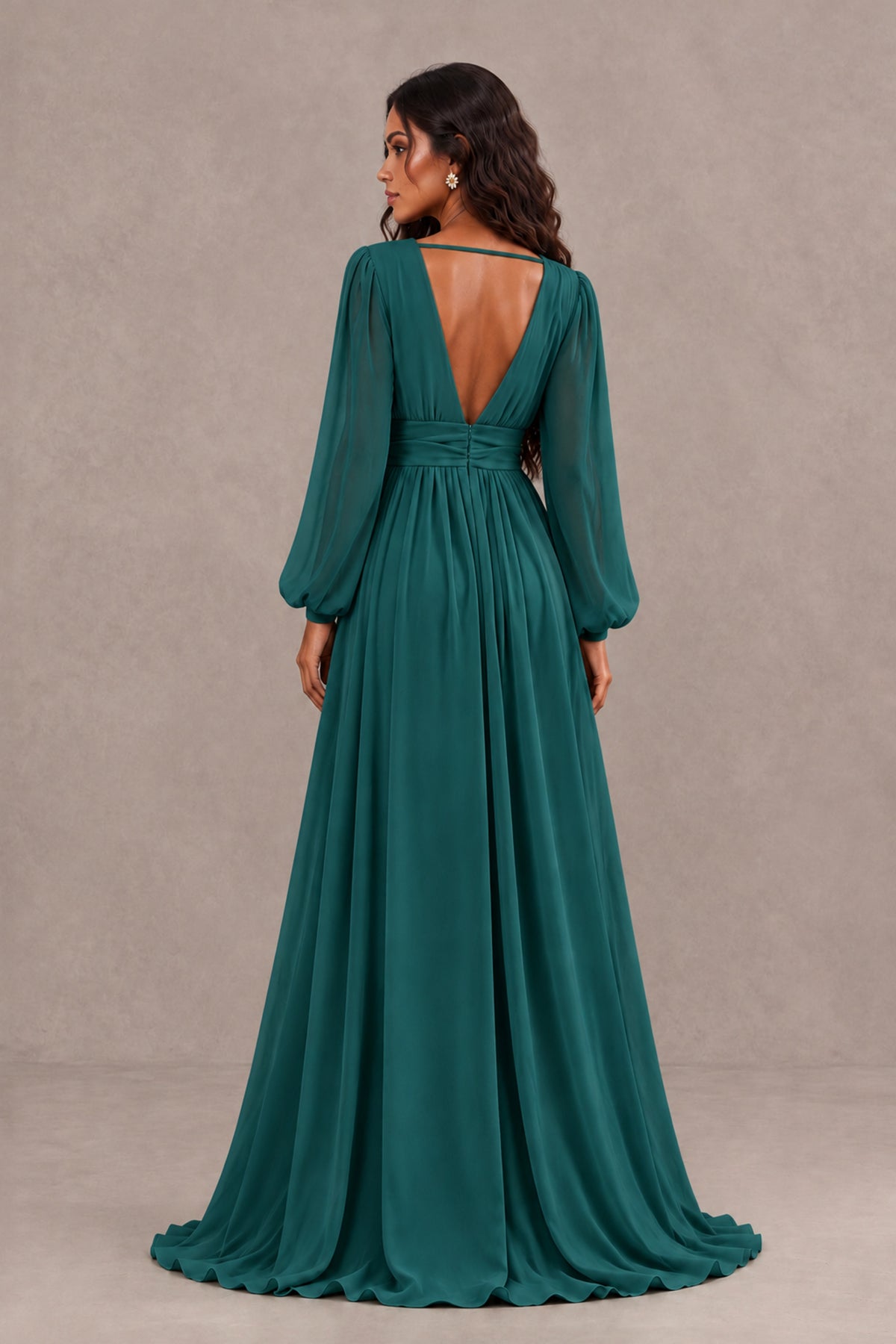 BOLODOO Teal Long Sleeve V-Neck A-Line Gown with Open Back & Slit - Teal - Teal_2