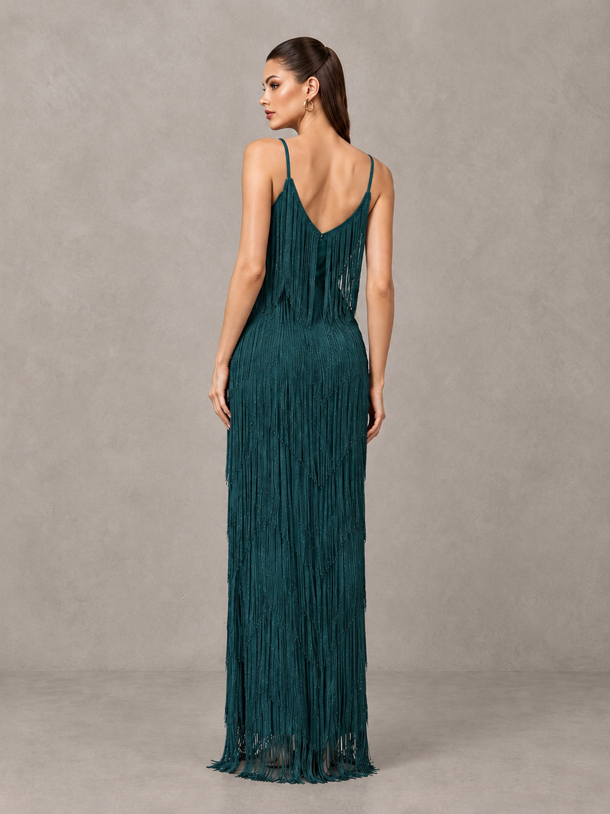 BOLODOO Teal V-Neck Spaghetti Strap Fringe Maxi Evening Dress - Teal - Teal_2