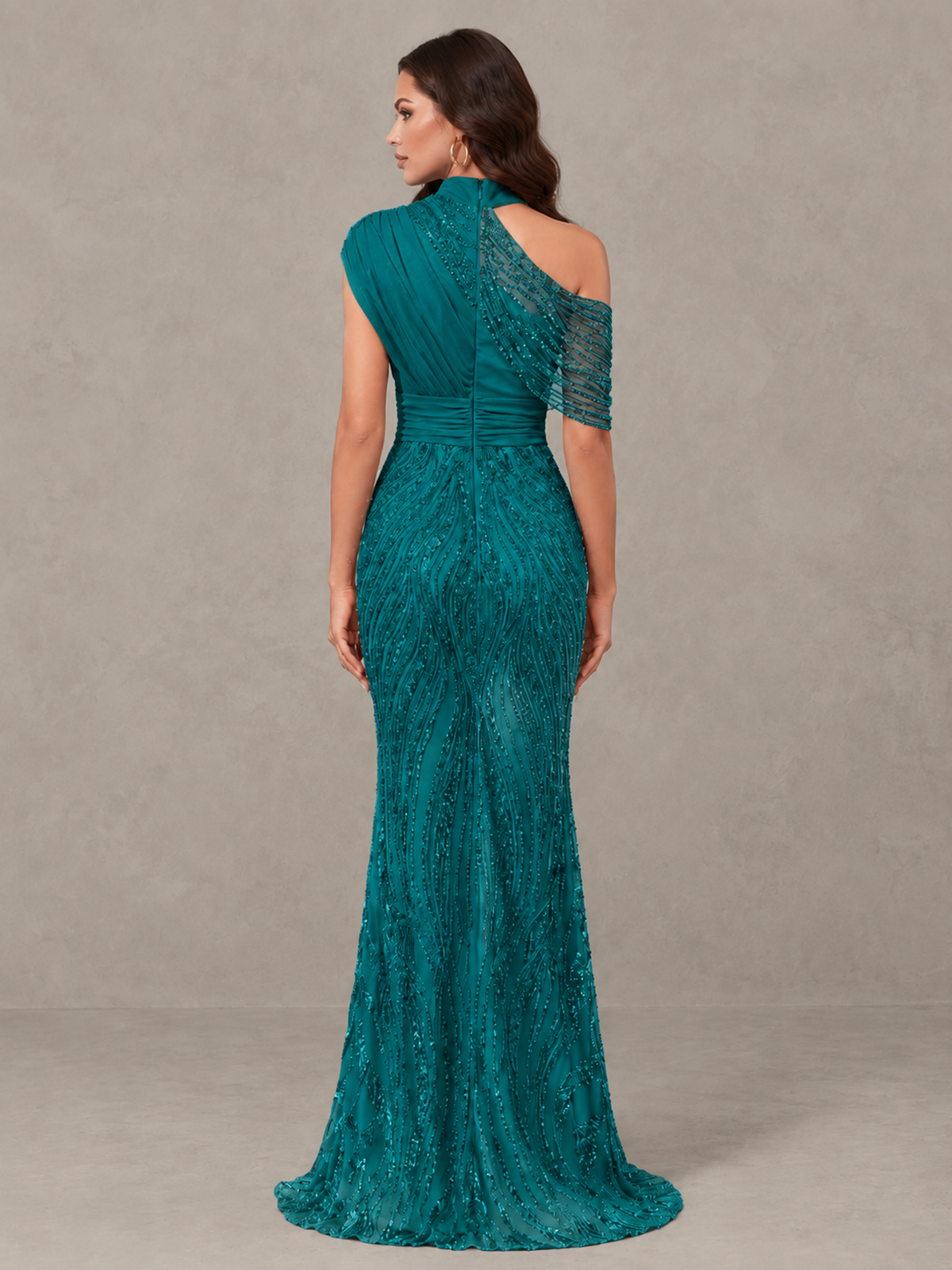 BOLODOO Teal High Neck Draped Sequin Mermaid Evening Gown - Teal - Teal_2