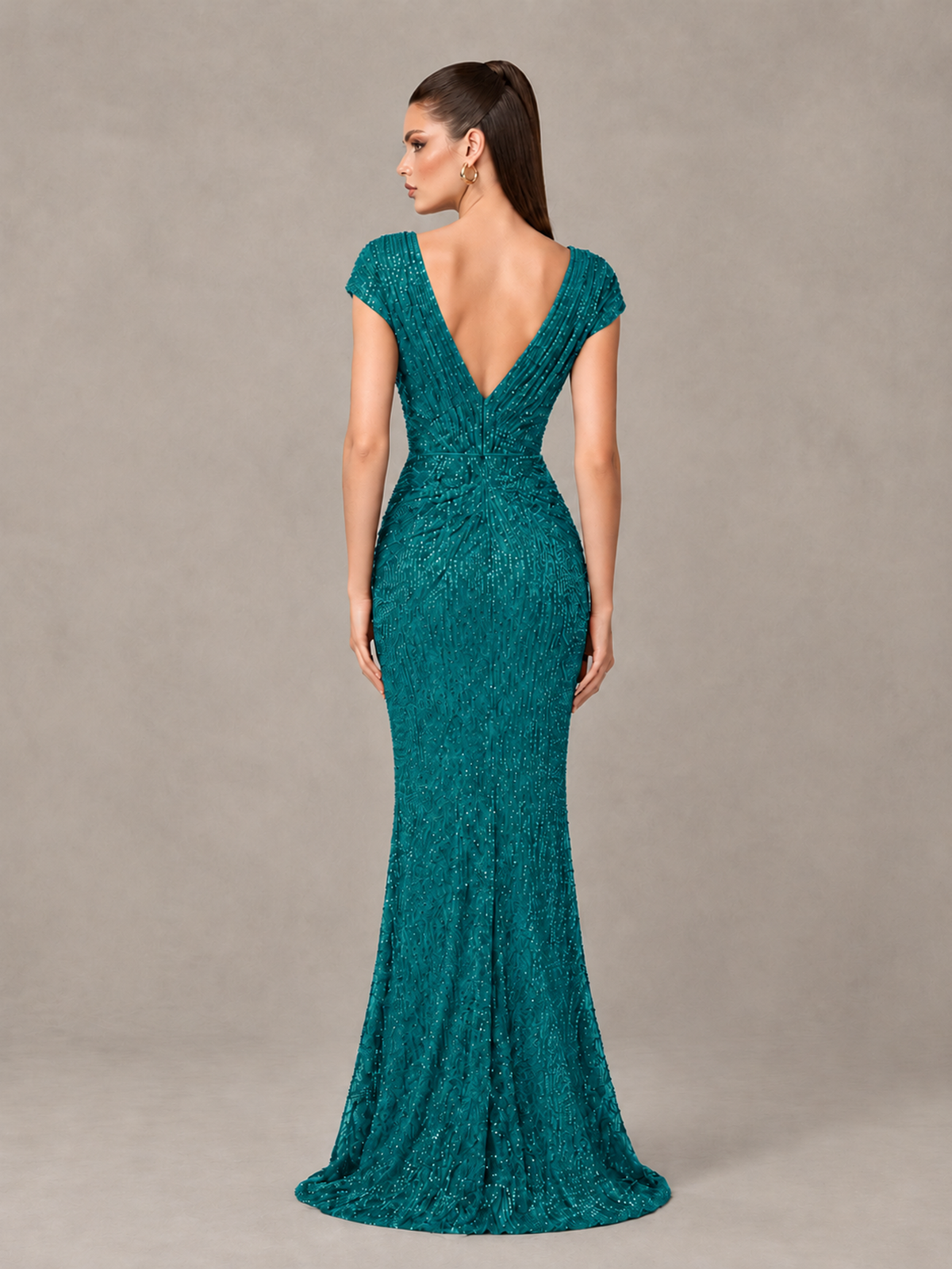 BOLODOO Teal Glitter V-Neck Cap Sleeve Ruched Mermaid Evening Gown - Teal - Teal_2