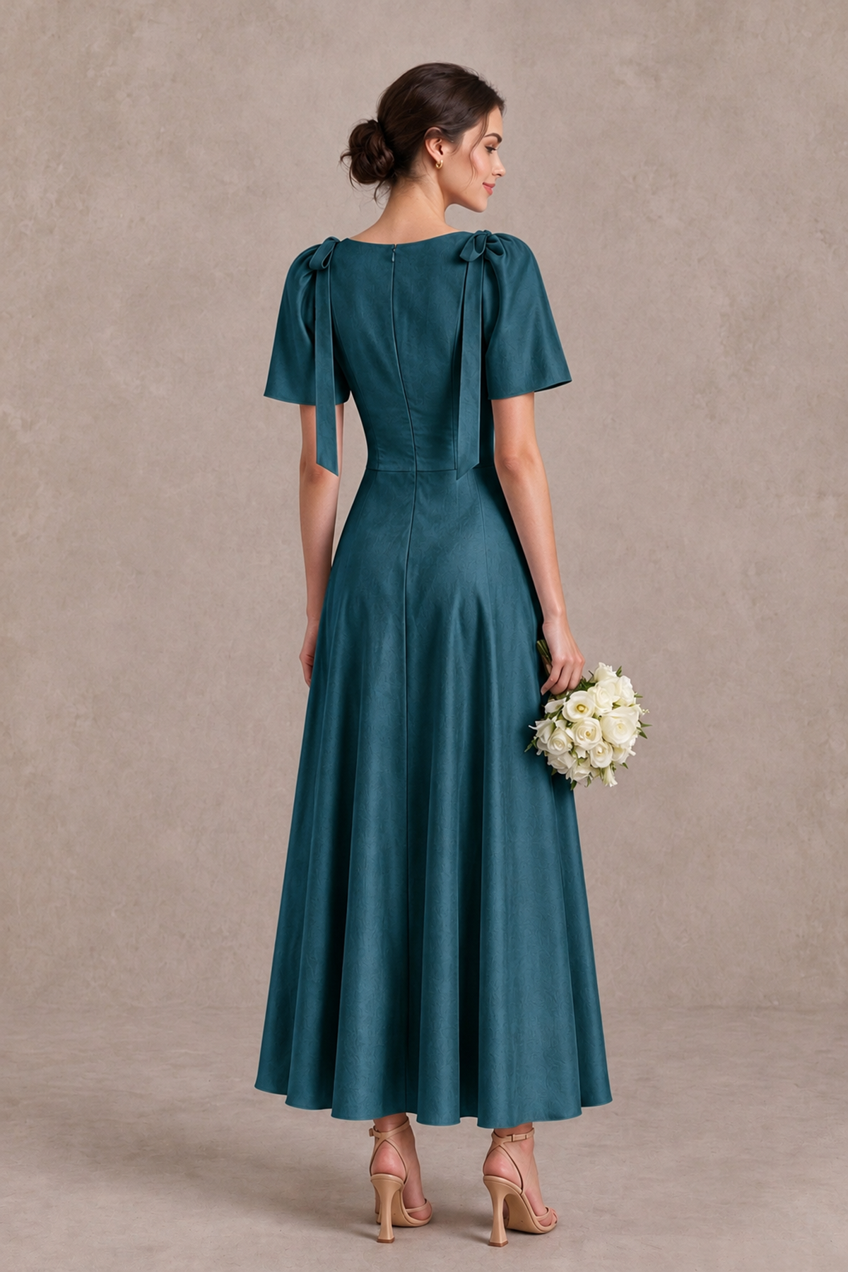BOLODOO Teal V-Neck Short Sleeve Satin-Look Bridesmaid Dress with Shoulder Bows - Teal - Teal_2