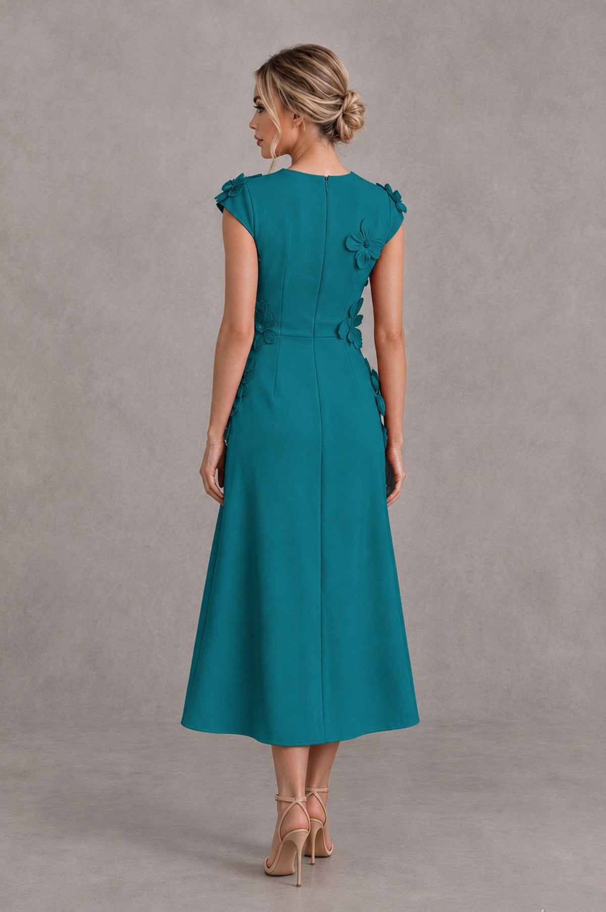 BOLODOO Teal 3D Floral Cap Sleeve Midi Cocktail Dress - Teal - Teal_2