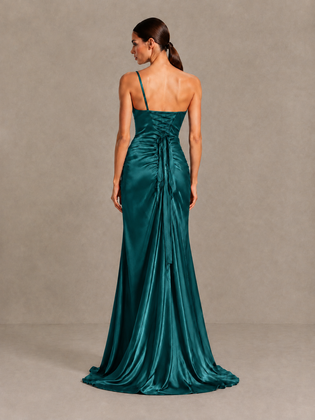 BOLODOO Teal One Shoulder Satin Evening Gown with High Slit and Sweep Train - Teal - Teal_2
