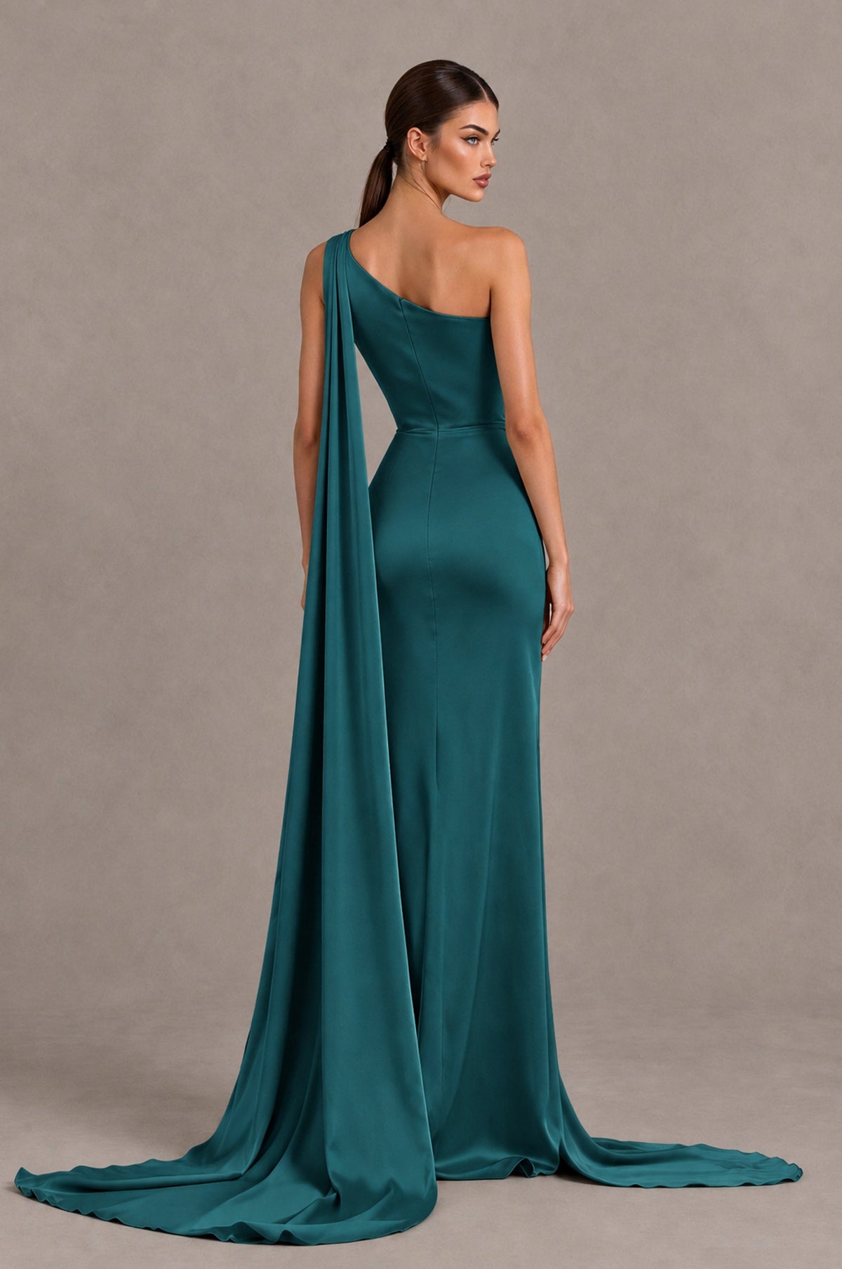 BOLODOO Teal One Shoulder Satin Evening Dress with High Slit and Draped Cape Train - Teal - Teal_2