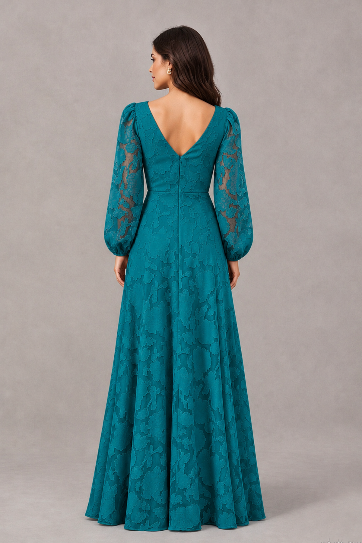 BOLODOO Teal Long Sleeve V-Neck A-Line Mother of the Bride Dress - Teal - Teal_2