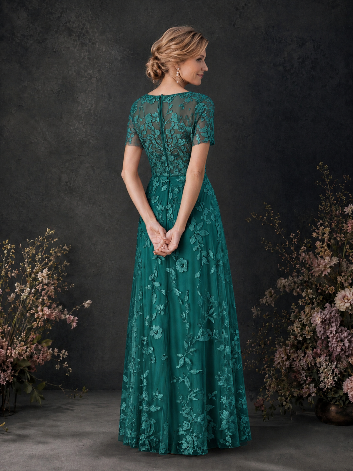 BOLODOO Teal 3D Floral Embroidered Lace V-Neck Short Sleeve A-Line Maxi Dress - Teal