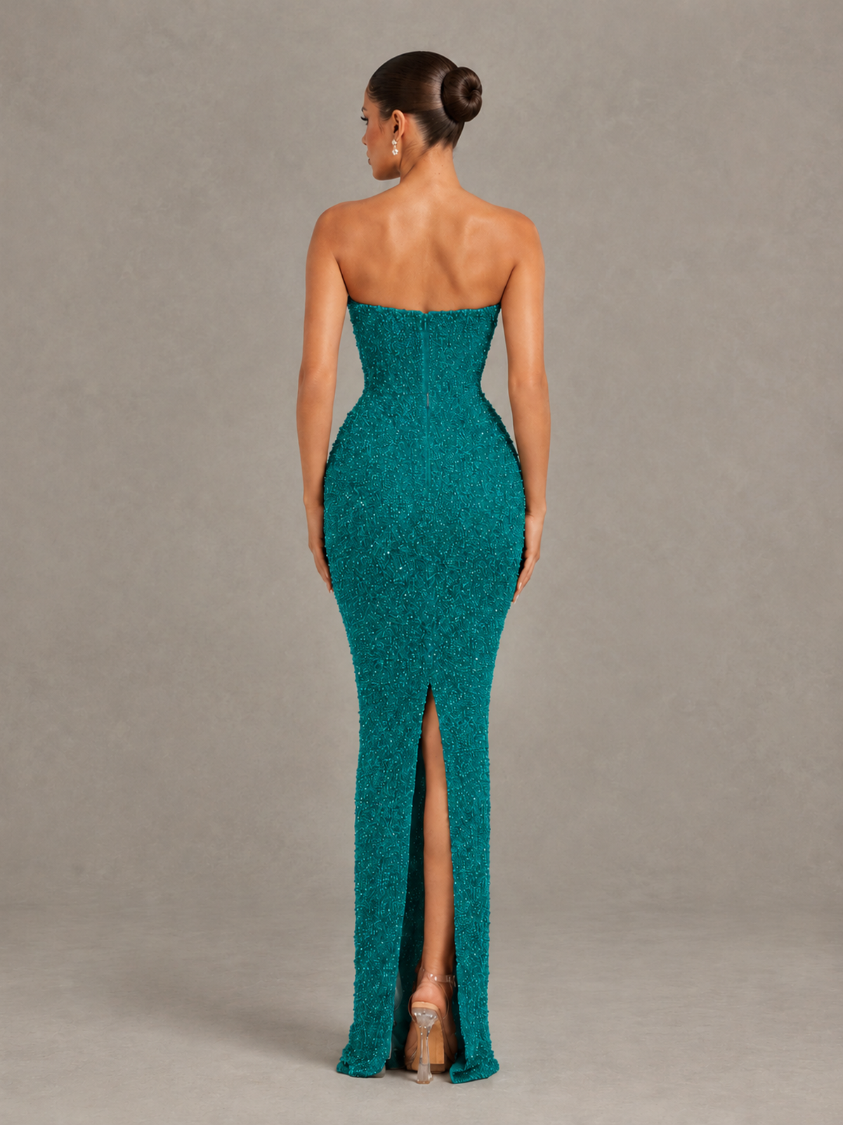 BOLODOO Teal Strapless Sequin Evening Gown with Floral Neckline - Teal - Teal_2